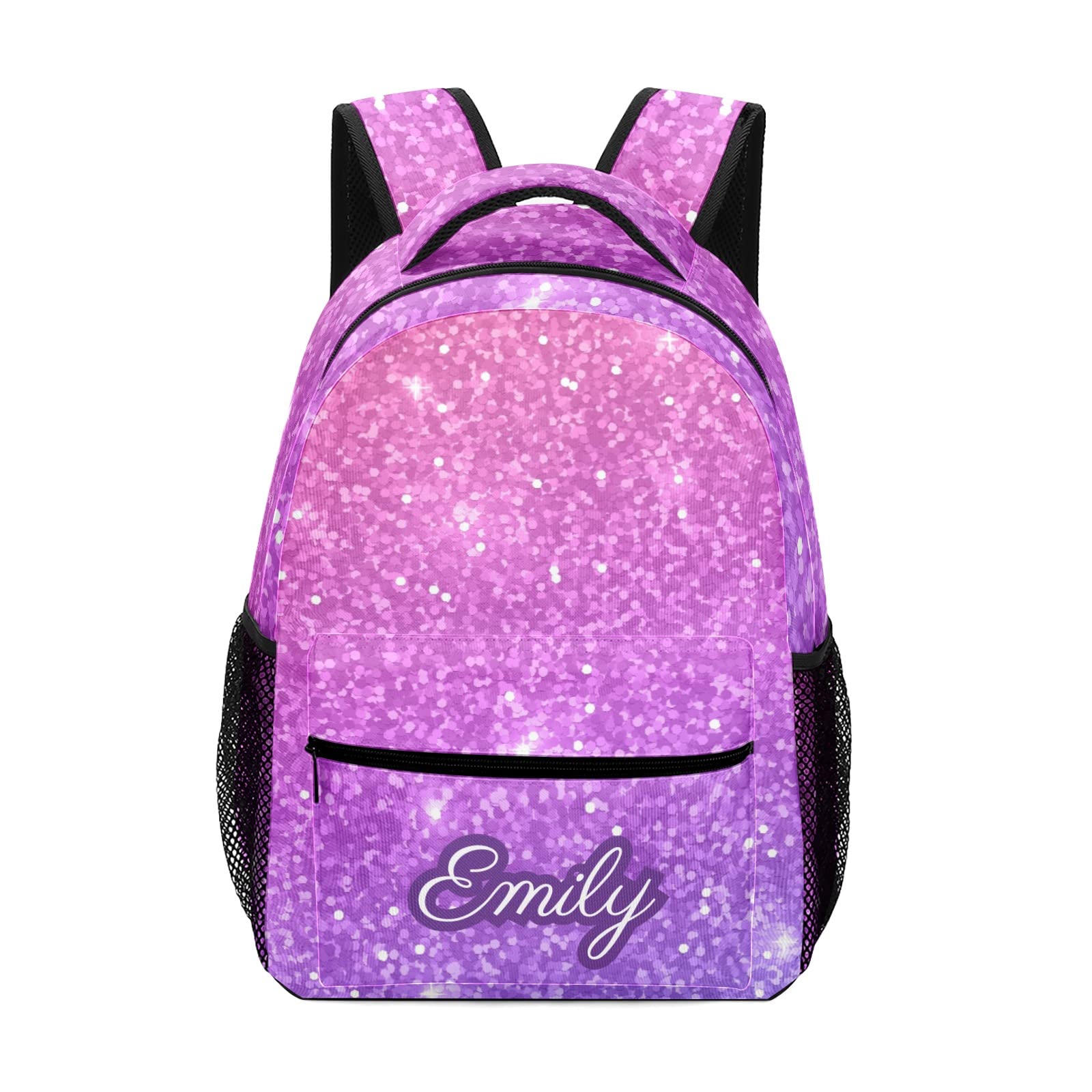 Custom Personalized Kids Backpack 16.5 Inch - Pink Violet Glitter Waterproof School Travel Bag for Boys & Girls (16.5
