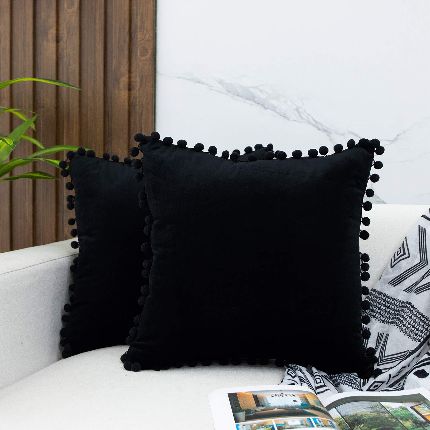 JUSPURBET 18x18 Inch Decorative Velvet Pillow Covers with Soft Pom Poms - Set of 2 Luxury Throw Pillow Cases for Couch, Sofa & Bed - Soft Black Velvet Pillow Shams for Living Room, Bedroom & Home Decor