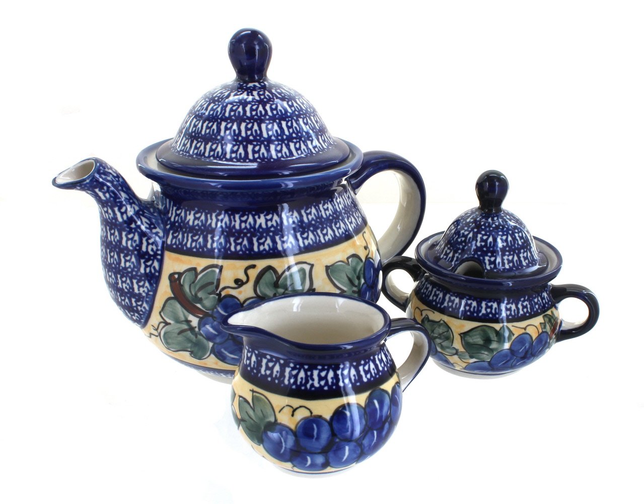 Handmade Blue Rose Polish Pottery Tea Set - 3-Piece Grape Design with Cobalt Trim for Afternoon Tea & Gift Giving