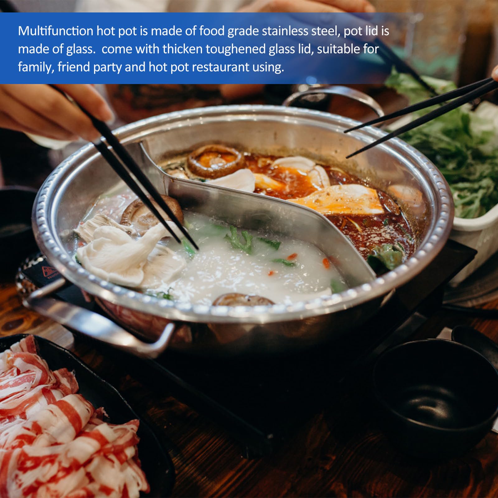 Premium HEMOTON 30cm Stainless Steel Shabu Hot Pot with Divider & Lid - Dual-Sided Hot Pot Cookware for Electric, Induction & Gas Stoves - Perfect for Family Dinners, Asian Cuisine & Hot Pot Parties