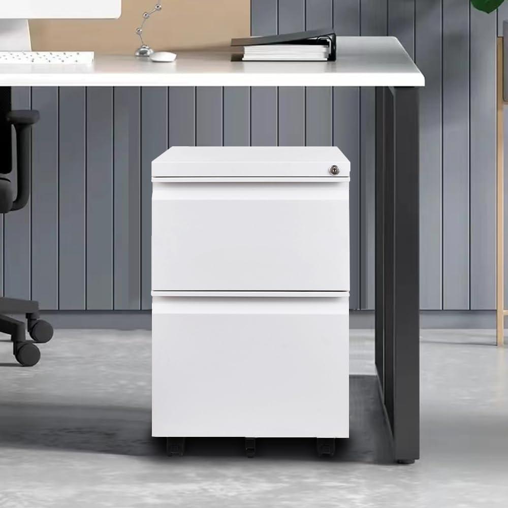 Panana 2-Drawer Mobile File Cabinet with Lock - Commercial Vertical Rolling Filing Cabinet for Letter & A4 Size Documents - Office, Home, or Classroom Storage (White)