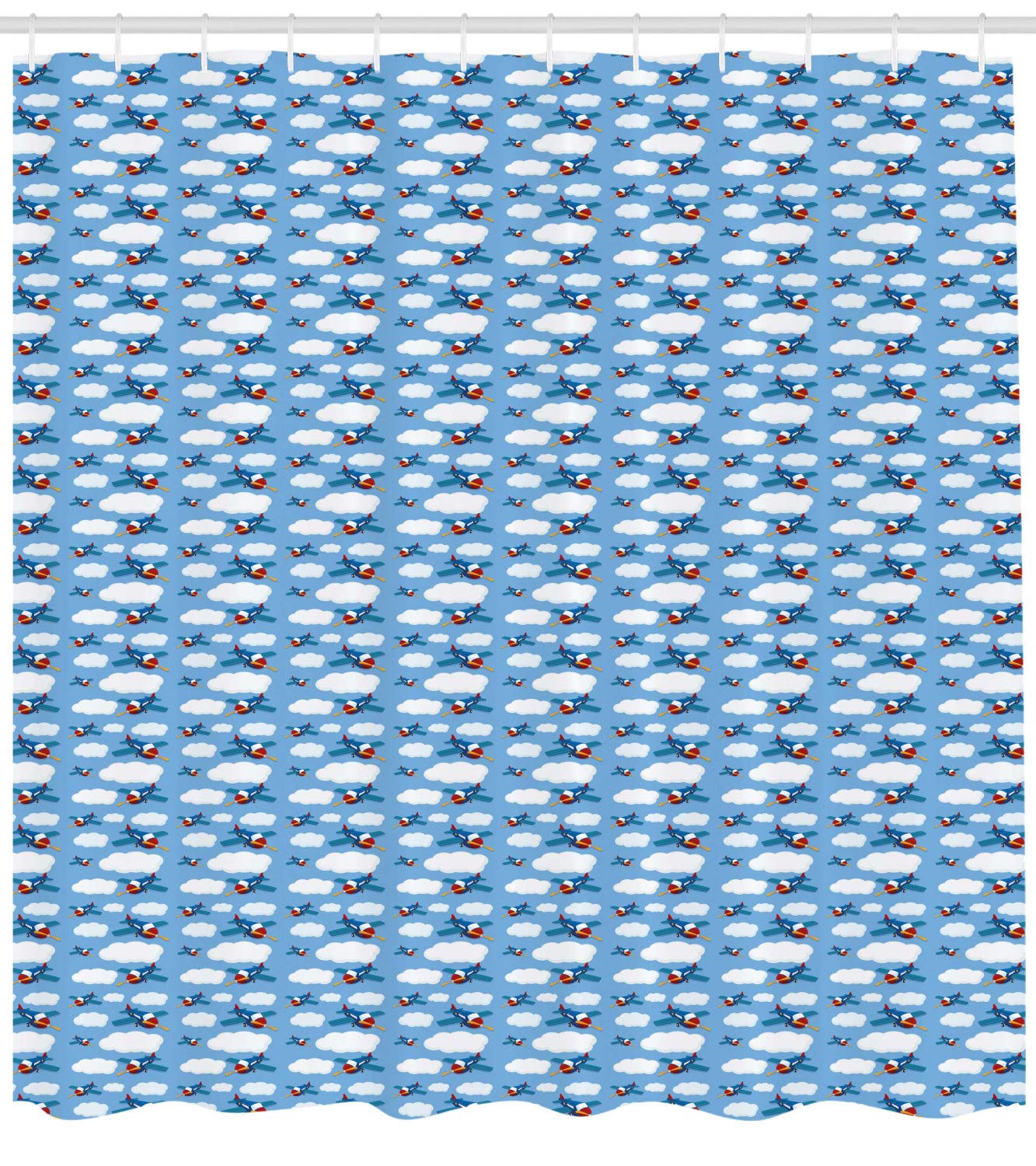Ambesonne Blue Sky Shower Curtain - Funky Airplane Design, 69x75 Inch Fabric Bathroom Decor with Hooks | Cartoon Aircraft Transportation Theme | Waterproof Polyester for Kids & Adults Bedroom, Bathroom Decor