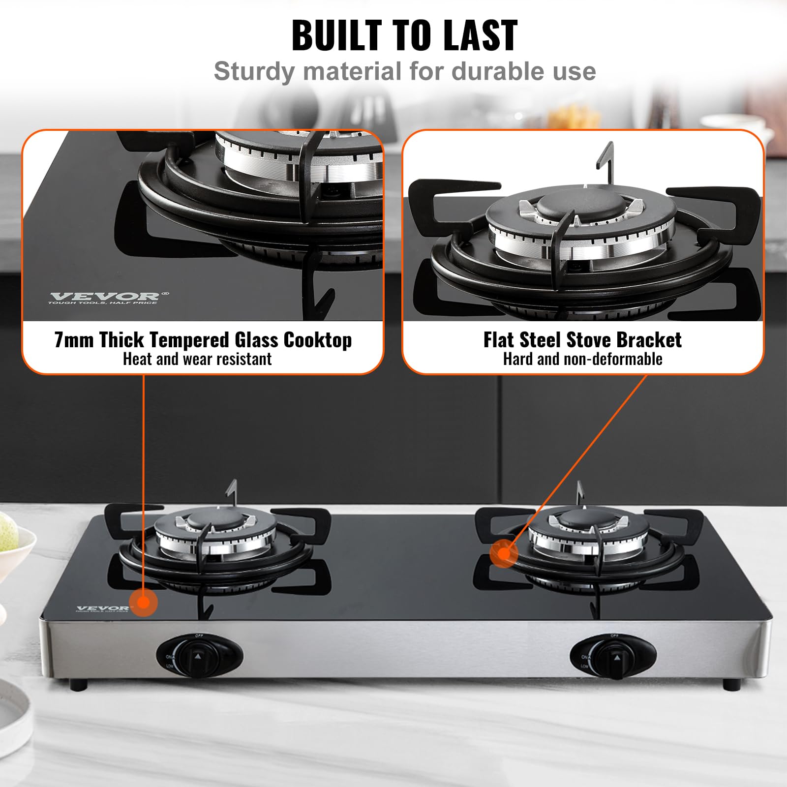 VEVOR 28 Inch 2 Burner Gas Cooktop - 10100BTU Max Output, Tempered Glass Countertop Stove with Pulse Electronic Ignition - Portable Natural Gas Hob for Kitchen, RV, Apartment, Outdoor & Camping Use