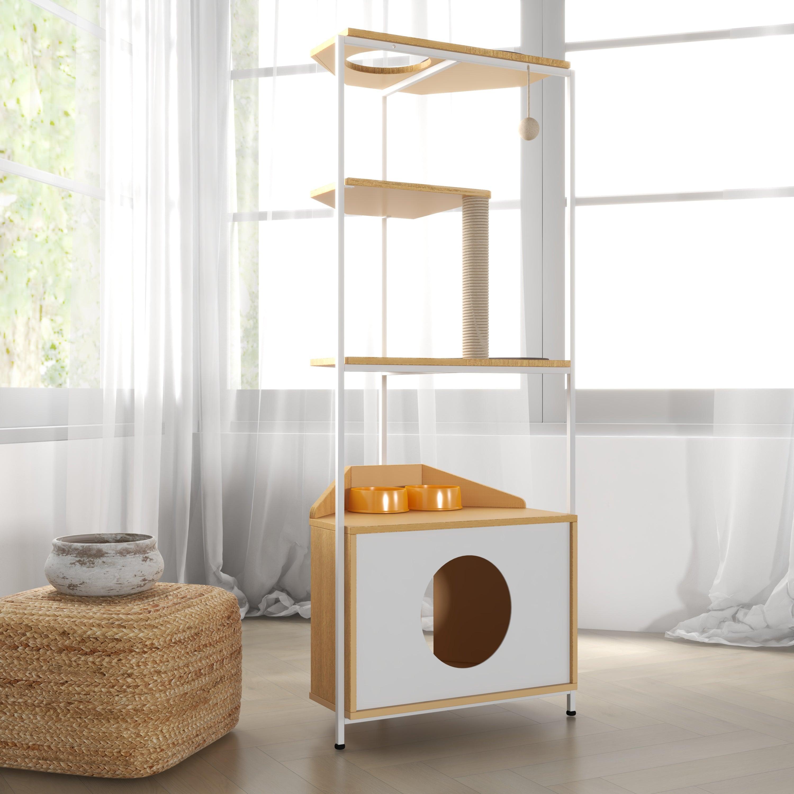 Premium Cat Tree with Scratching Post & Climbing Platforms - Multi-Level Cat Condo with Feeding Station - Sturdy Corner Cat Tower for Indoor Cats - Perfect for Play, Rest & Feeding in Small Spaces