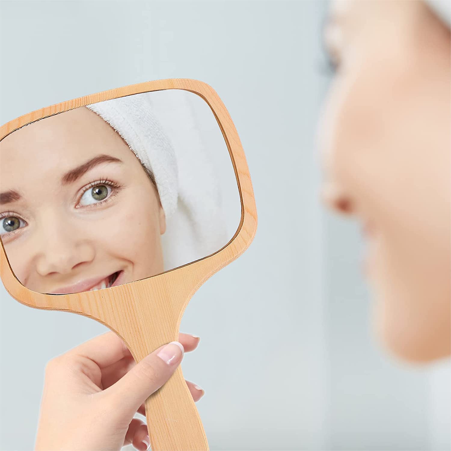 Wooden Handle Mirror for Shaving & Makeup - Portable Travel & Bathroom Use