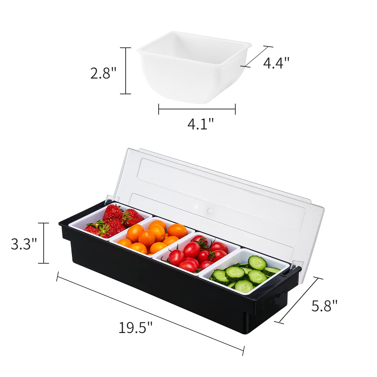4-Compartment Ice Cooled Condiment Serving Container - Chilled Garnish Tray with Hinged Lid | Perfect for Bars, BBQs, Parties & Outdoor Dining