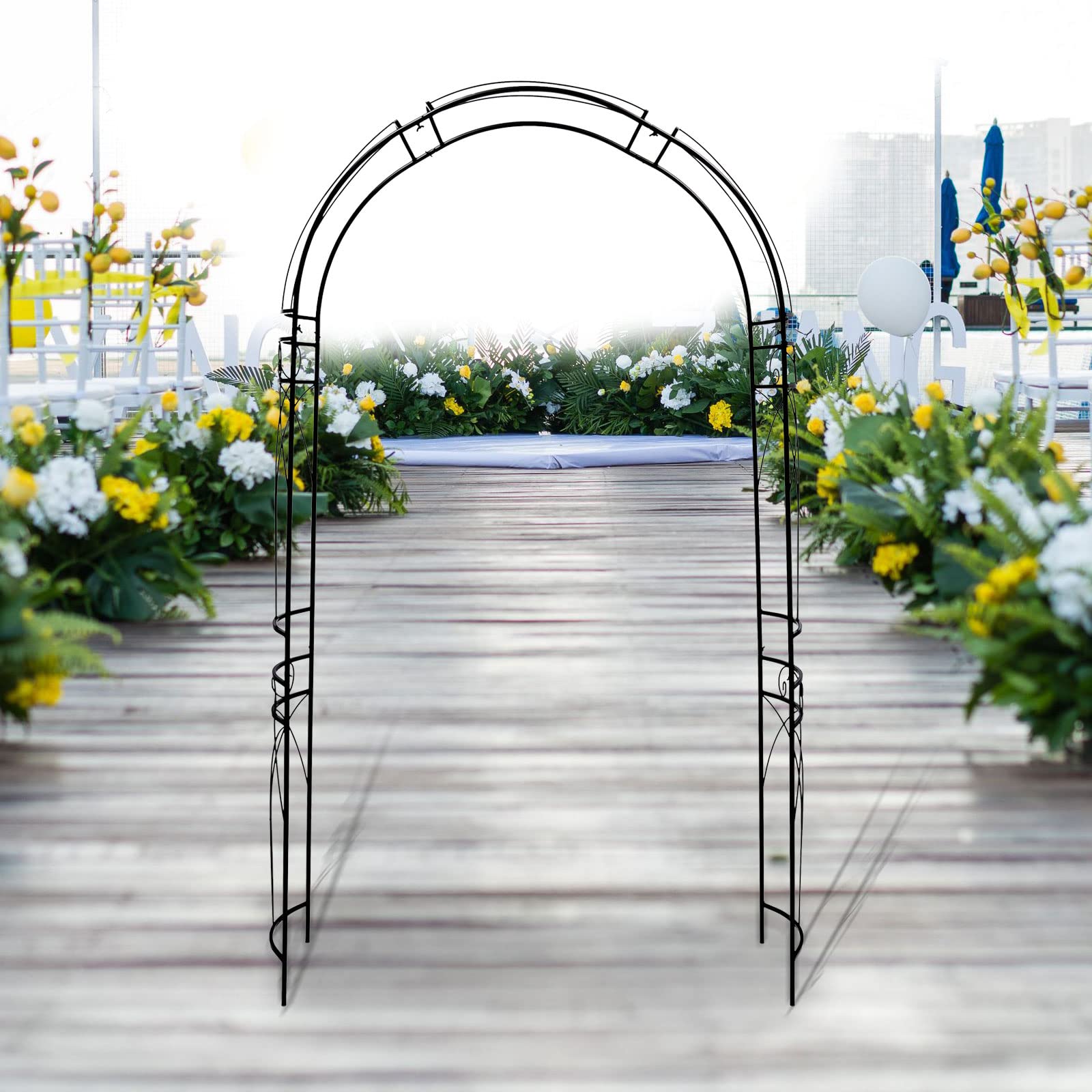 **Elegant Black Wedding Arch Stand with Mesh - Easy Assembly Iron Garden Arbor for Climbing Plants & Roses - Perfect for Bridal Party, Photo Booth, and Outdoor Events**    **Usage Scenarios:** Ideal for weddings, garden parties, photo backdrops, and romantic outdoor celebrations.