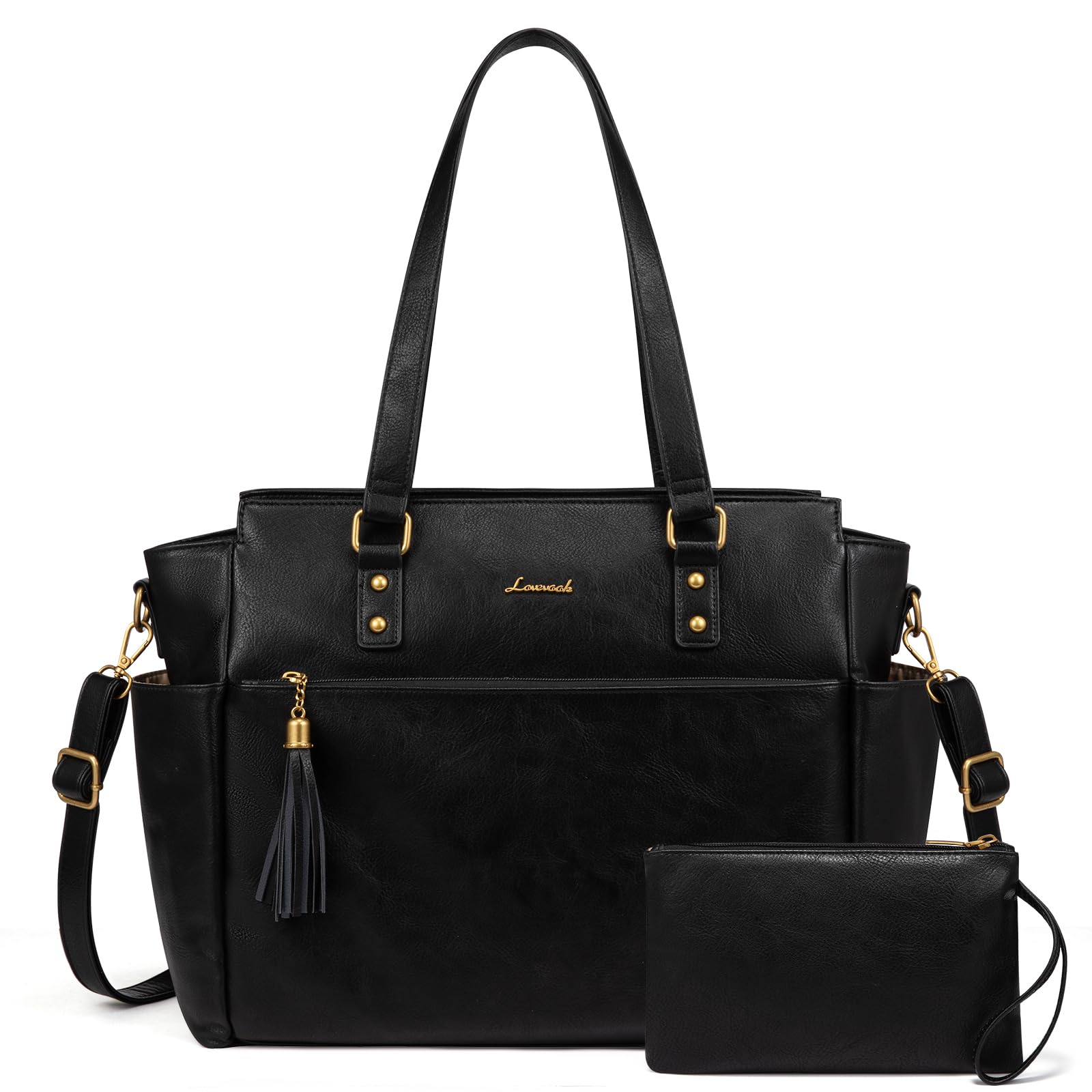 LOVEVOOK 15.6 Inch Vintage Leather Laptop Tote Bag for Women - Large Capacity Work Computer Briefcase with Detachable Clutch Purse - Perfect for Office, Business Travel, Teacher & Casual Use