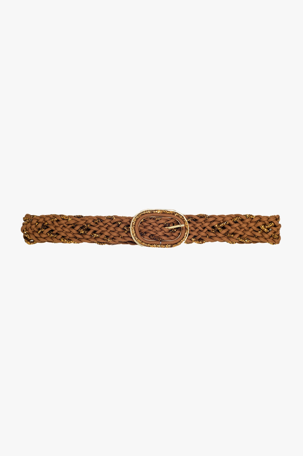 Braided Brown Leather Belt with Interwoven Gold Thread & Oval Buckle – Perfect for Casual, Office, and Formal Outfits