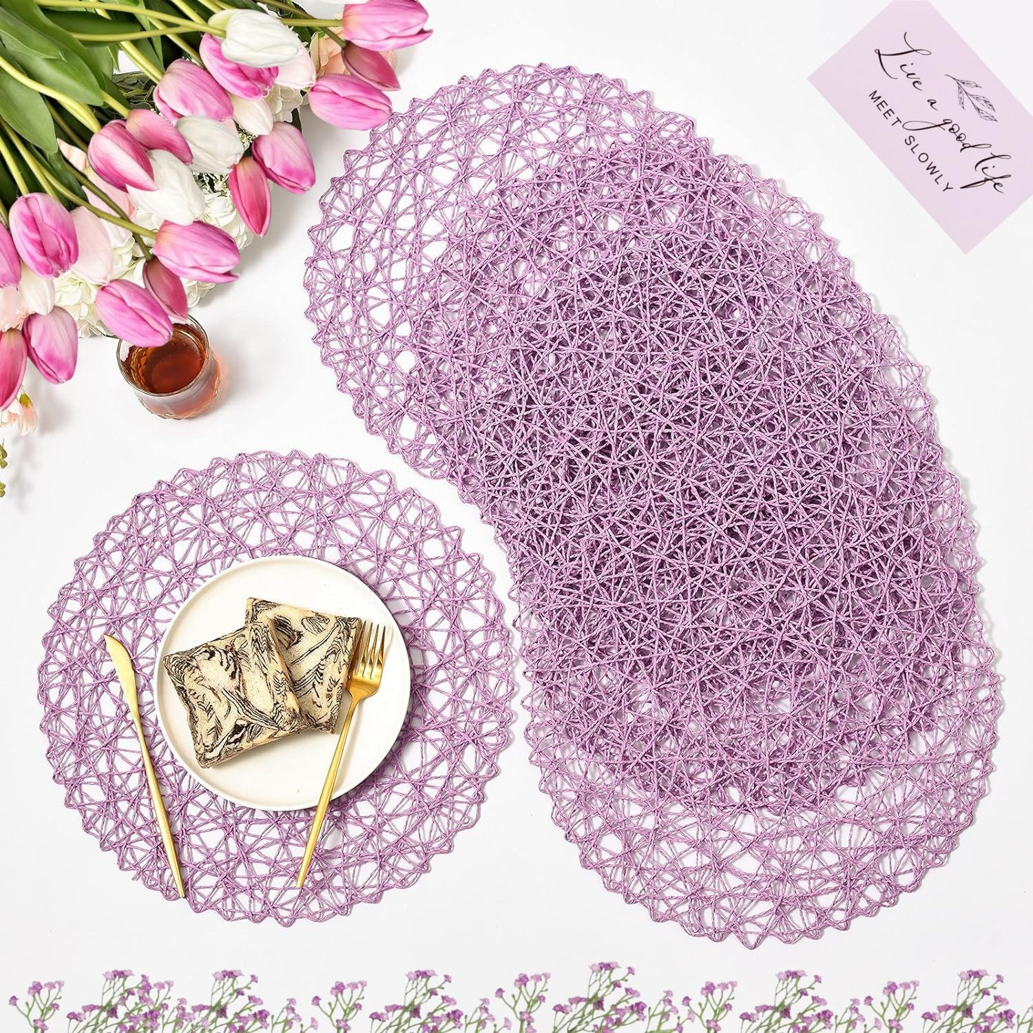 IcosaMro 6-Pack Purple Round Placemats Set - 15 Inch Boho Woven Paper Placemats for Dining Table - Decorative Circle Mats for Wedding, Christmas, Thanksgiving & Holiday Dinner - Lavender Color - Perfect for Home Decor, Party Table Settings & Seasonal Celebrations