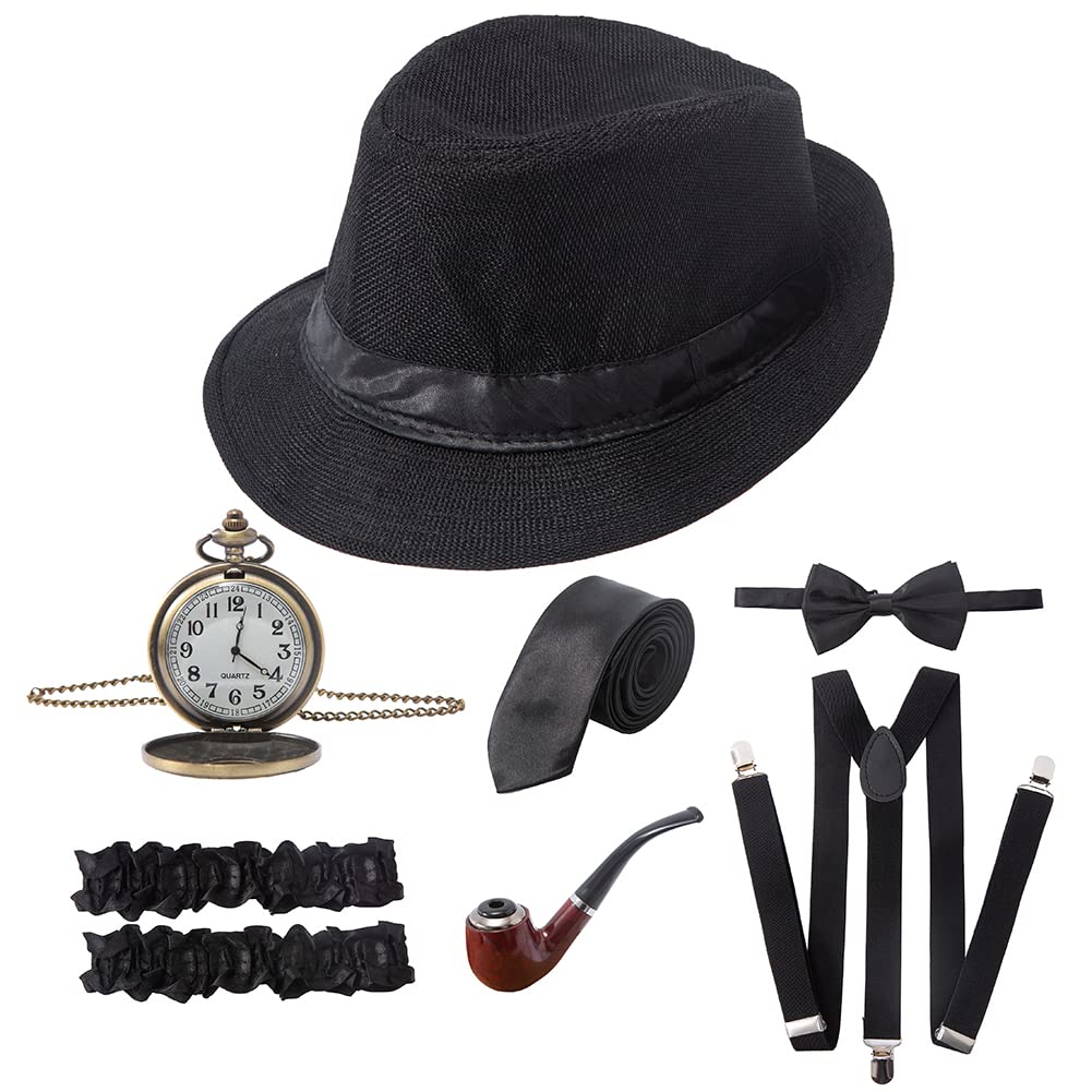 1920s Men's Vintage Costume Accessories Set - Fedora Hat, Suspenders & Bow Tie - Perfect for Gatsby Party, Gangster Theme or Roaring 20s Events
