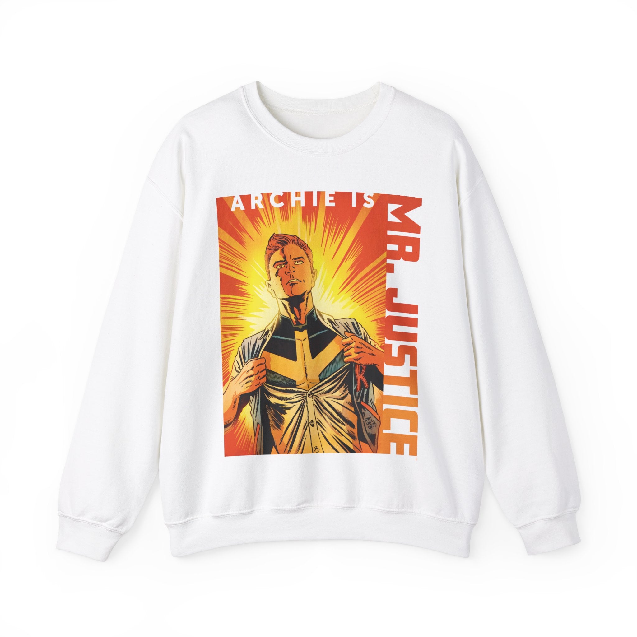 Archie Comics Mr. Justice Sunburst Graphic Unisex Heavy Blend Crewneck Sweatshirt - Featuring Archie, Betty, Veronica & Jughead - Casual Wear, Gift for Comic Fans, TV Show Merchandise