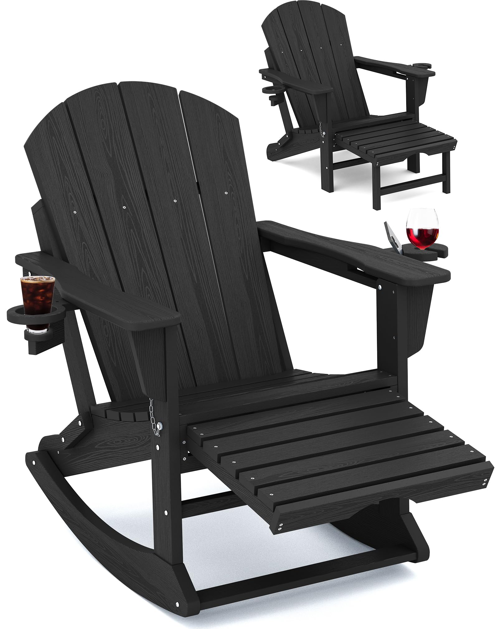 KINGYES HDPE Adirondack Rocking Chair with Retractable Ottoman & Cup Holders - Durable Outdoor Patio Rocker for Porch, Balcony, Garden - Perfect for Relaxing, Sunbathing & Backyard Lounging (Black) - Ideal for Poolside, Beach House, Lakeside Retreats & Outdoor Entertaining