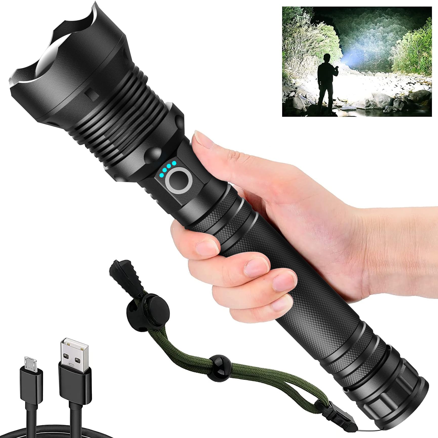 Rechargeable LED Flashlight - 100,000 Lumens Super Bright, 3 Modes, Waterproof, Zoomable - Perfect for Outdoor Camping, Hiking, Emergency & Power Outages