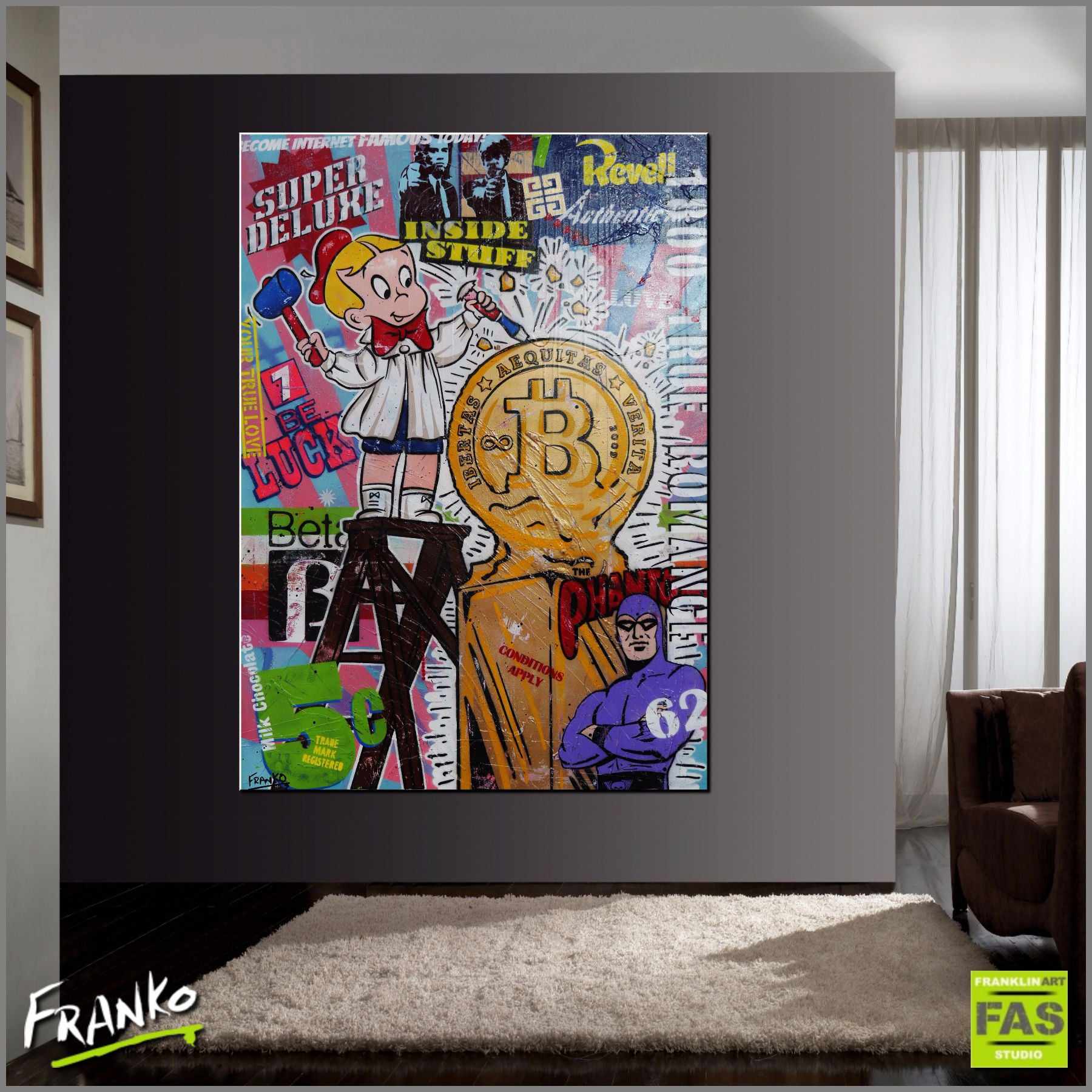 Bit By Bit 140cm x 100cm Richie Rich Bitcoin Art Print - Crypto Wall Decor for Home Office & Man Cave - Unique Digital Currency Gift for Bitcoin Enthusiasts
