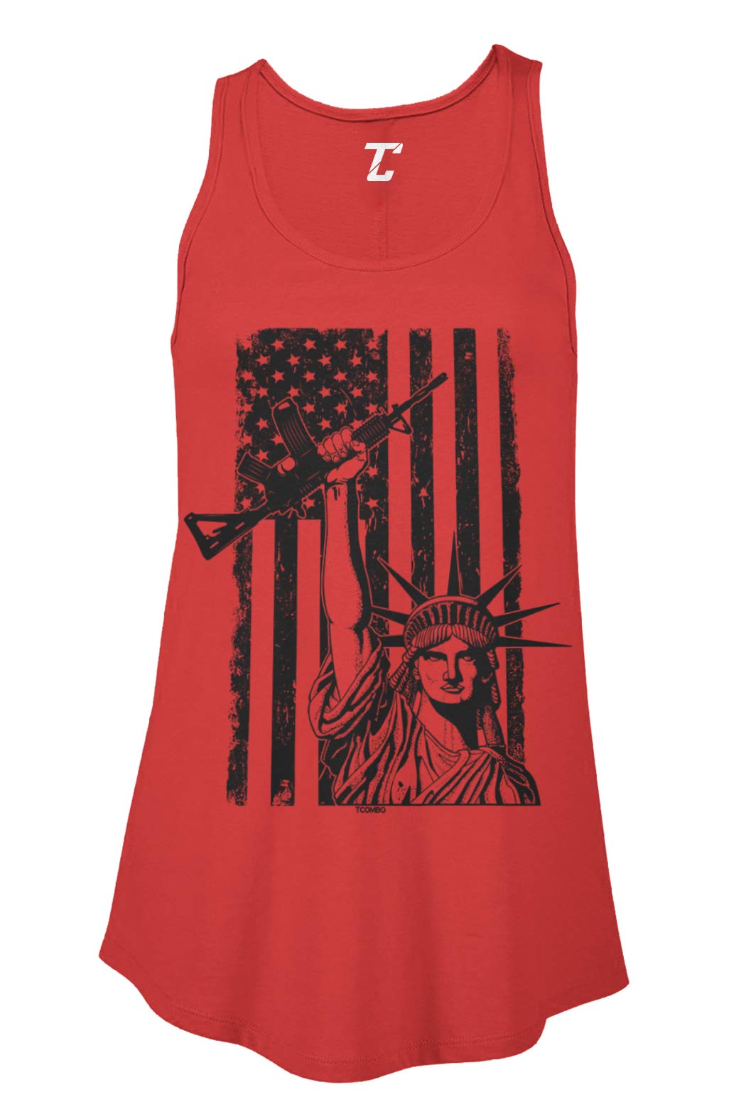 Statue of Liberty Assault Rifle Graphic - Patriotic USA Flag Women's Flowy Tank Top for Casual Wear & 4th of July Celebrations