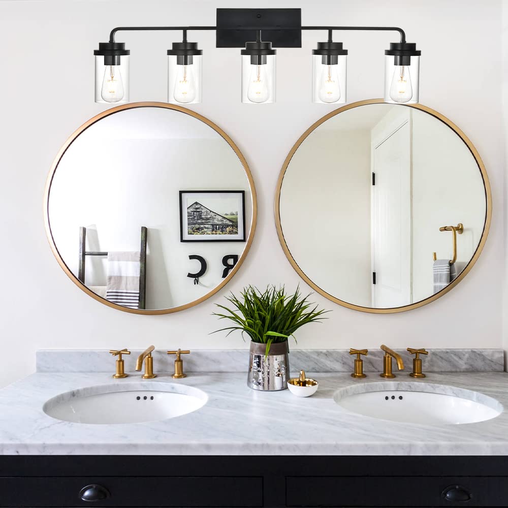 BONLICHT 5-Light Matte Black Bathroom Vanity Light with Clear Glass - Modern Wall Sconce Lighting Fixture for Bathroom Mirror, Farmhouse Dining Room, Foyer & Vanity Table - Waterproof & Dimmable for Home Decor