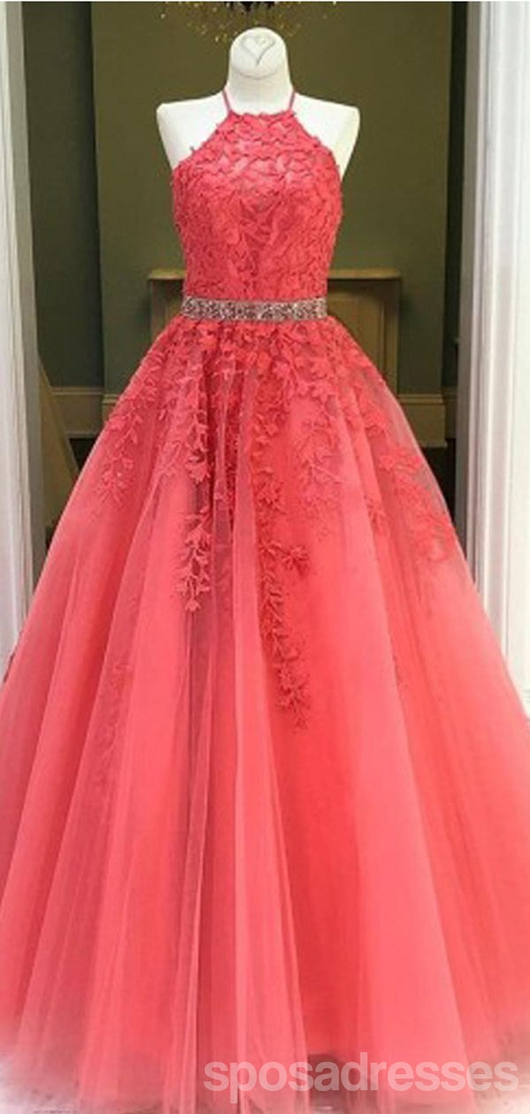 Floral Watermelon Red A-Line Halter Sleeveless Long Prom Dress for Women | Elegant Evening Gown for Homecoming, Ballroom Dance & Formal Events