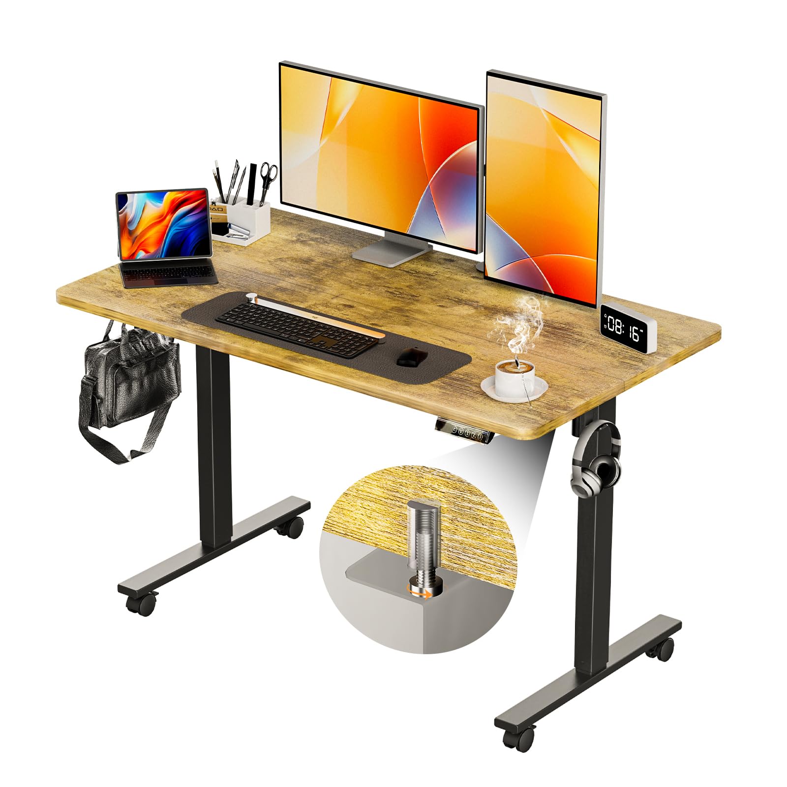 48 Inch Electric Height Adjustable Standing Desk with Wheels & Hook - Ergonomic Sit Stand Workstation for Home Office | Perfect for Remote Work, Gaming Setup & Small Space Workstations