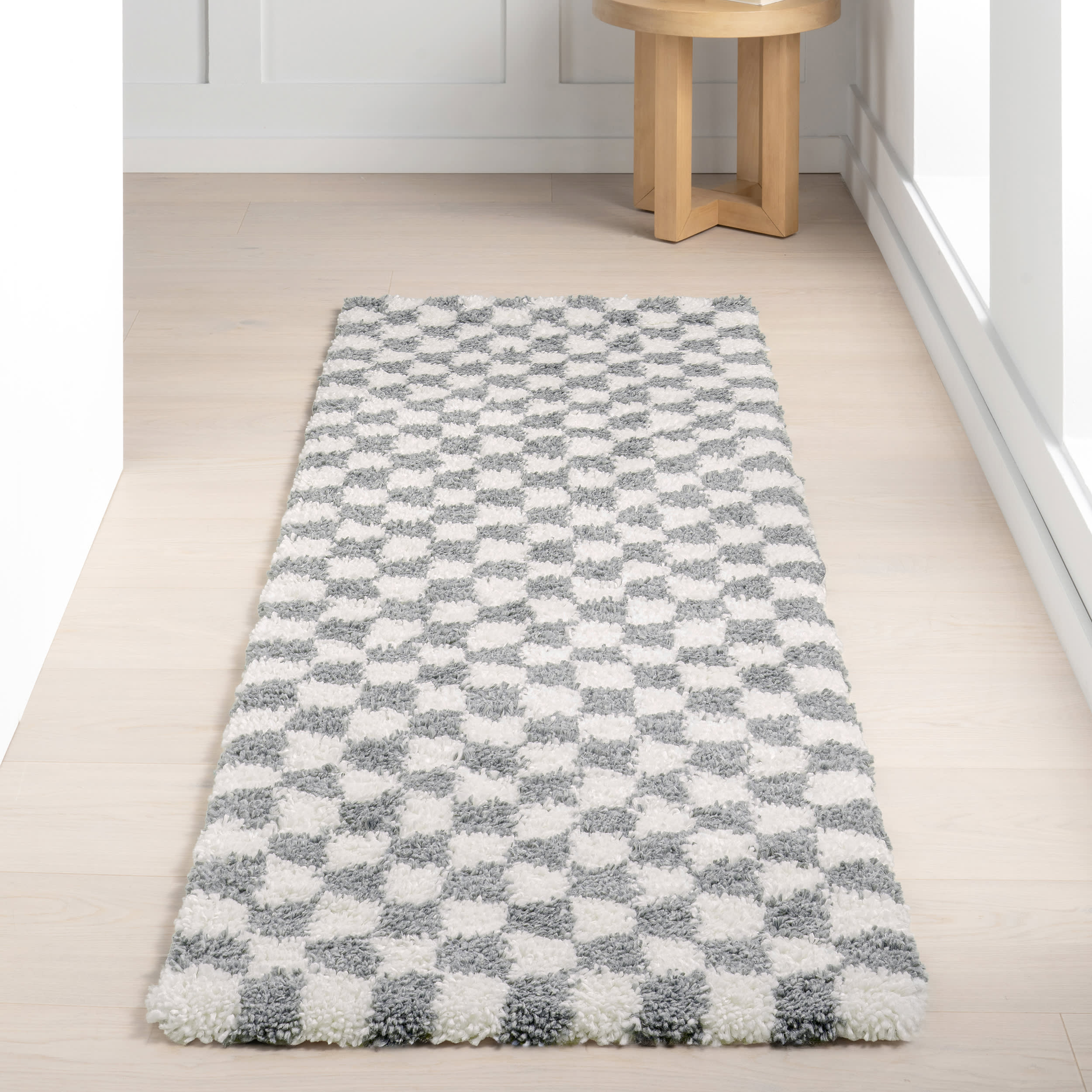 Bettie Retro Checkered Shag Rug - Soft Plush Light Grey Area Rug for Living Room, Bedroom & Dorm Decor