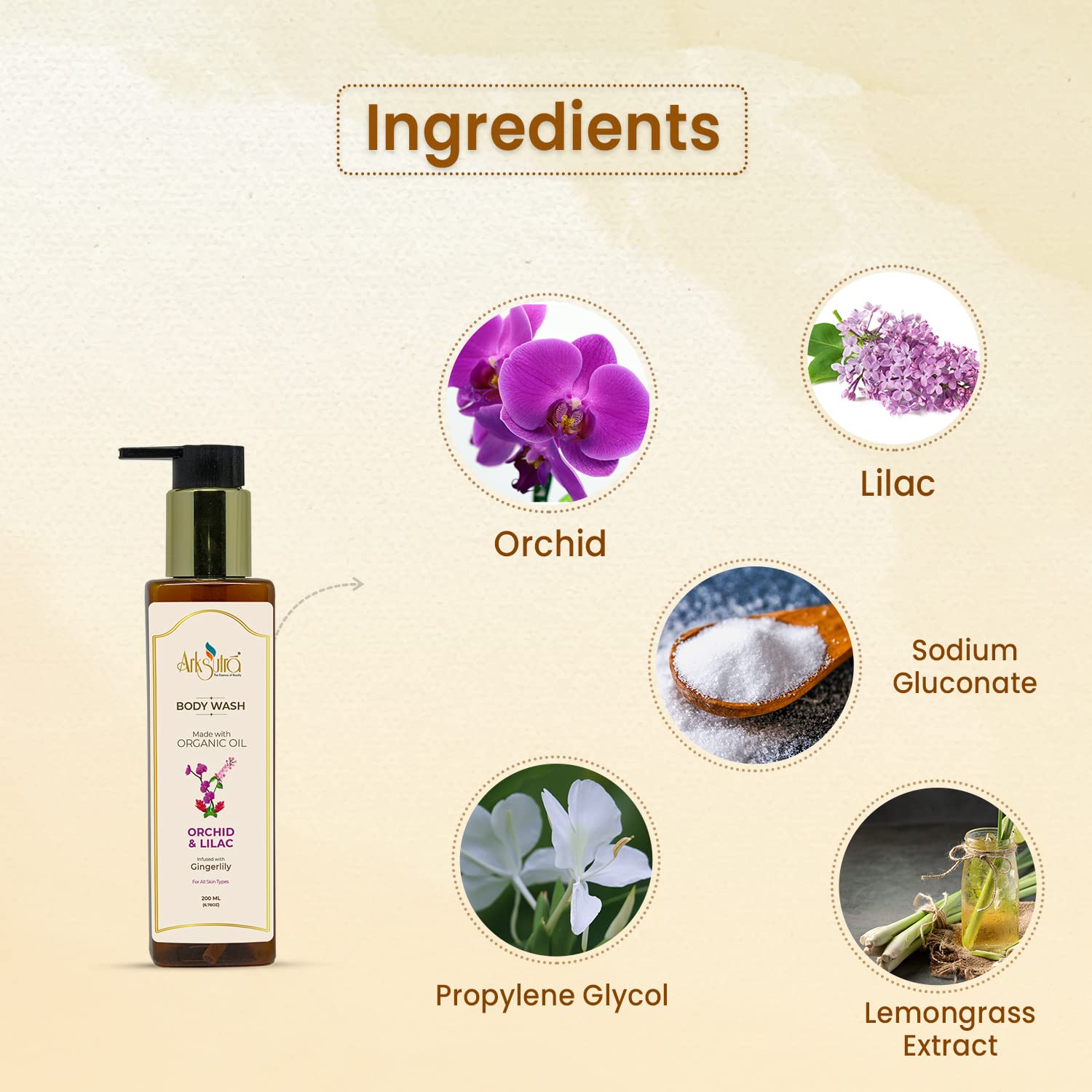 Arksutra Orchid & Lilac Body Wash - 100% Vegan, Paraben-Free, Cruelty-Free & SLS Free | Made in India | Infused with Gingerlily for Sweet Floral Fragrance | Perfect for Sensitive Skin & Relaxing Bath Time