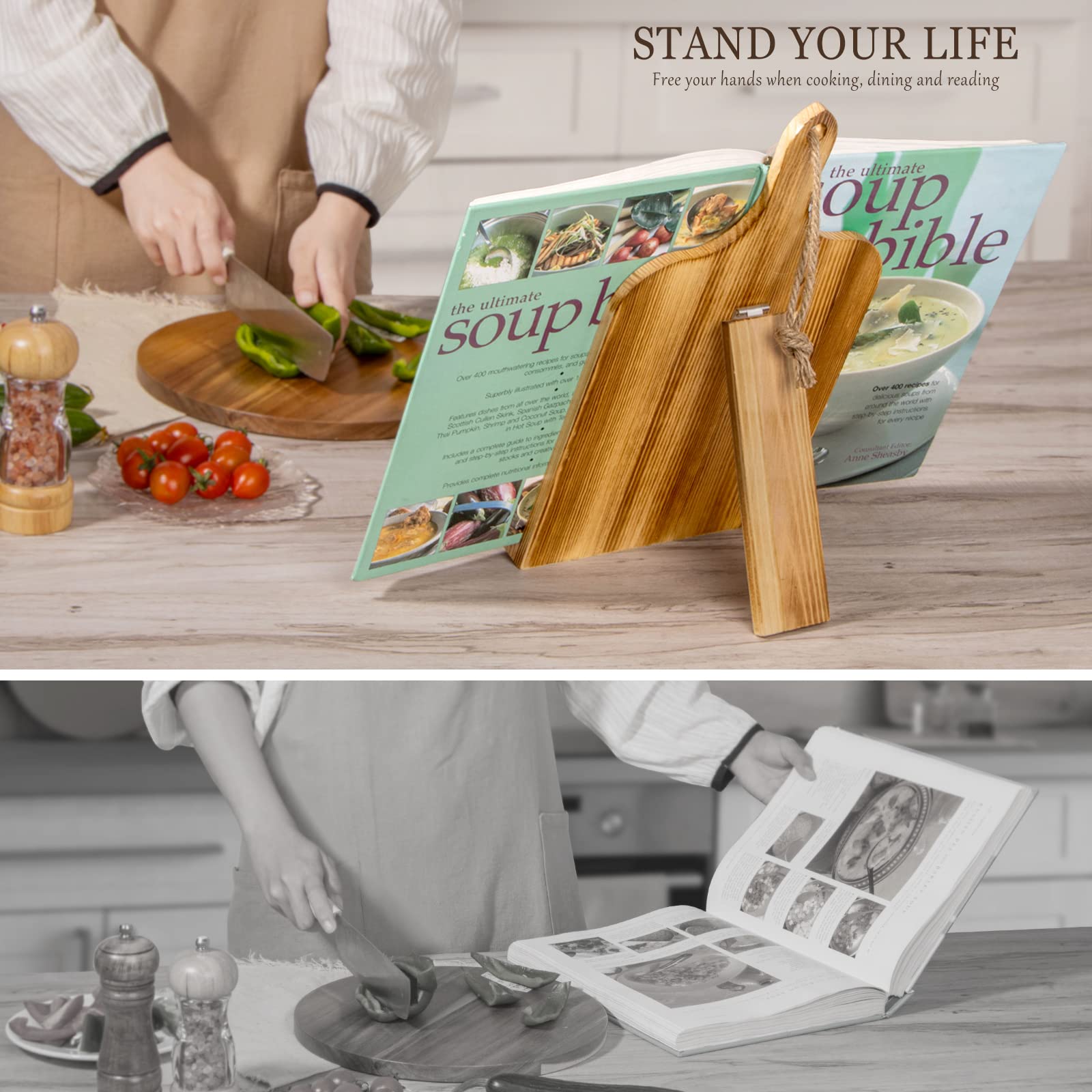 PUERSI Adjustable Wooden Cookbook Stand for Kitchen Counter - Brown | Recipe Book Holder for Baking, Cooking & Reading | Perfect for Home Chefs & Bakers