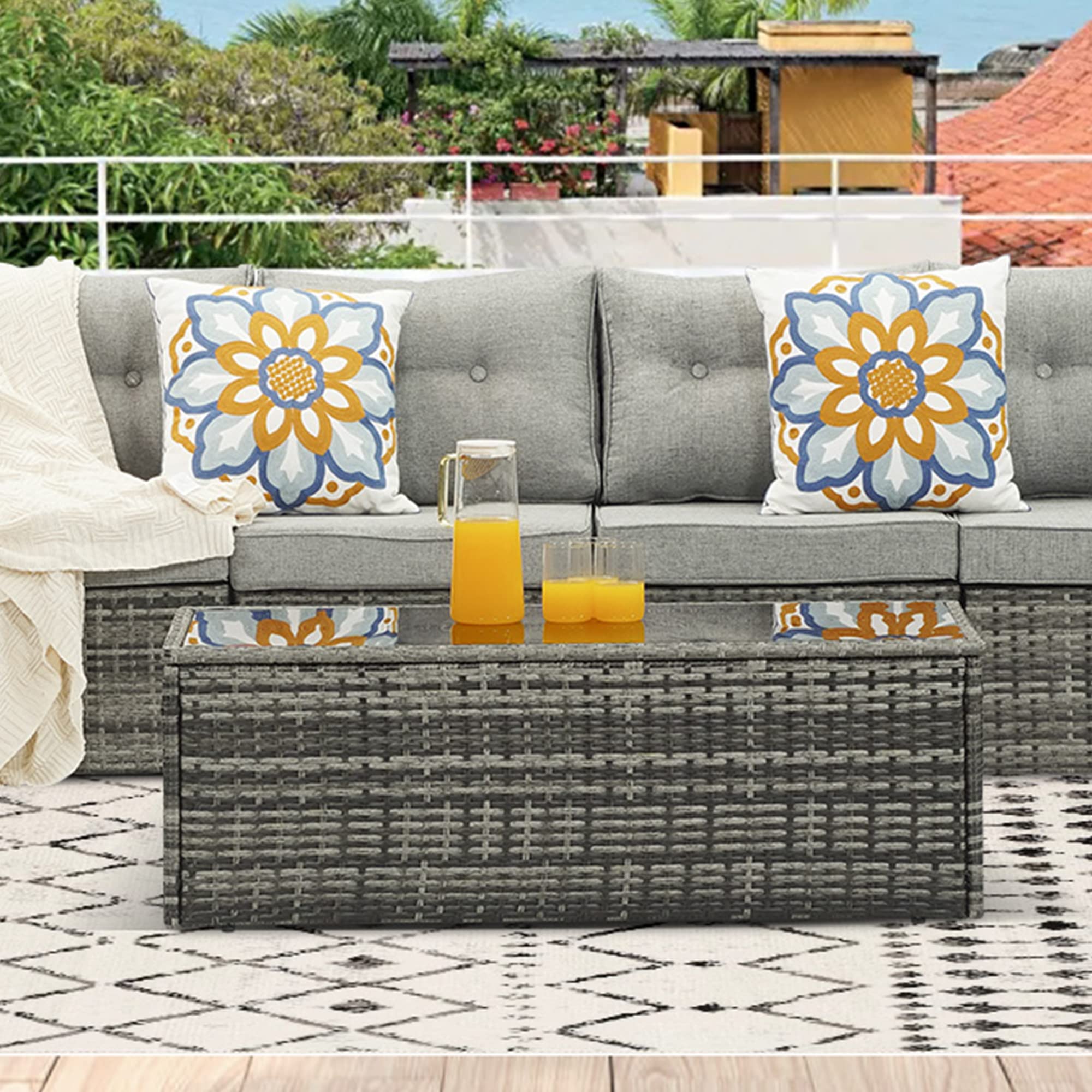 All-Weather Outdoor Coffee Table with Glass Top - Grey Wicker Patio Table with Aluminum Frame for Garden, Poolside & Backyard Relaxation