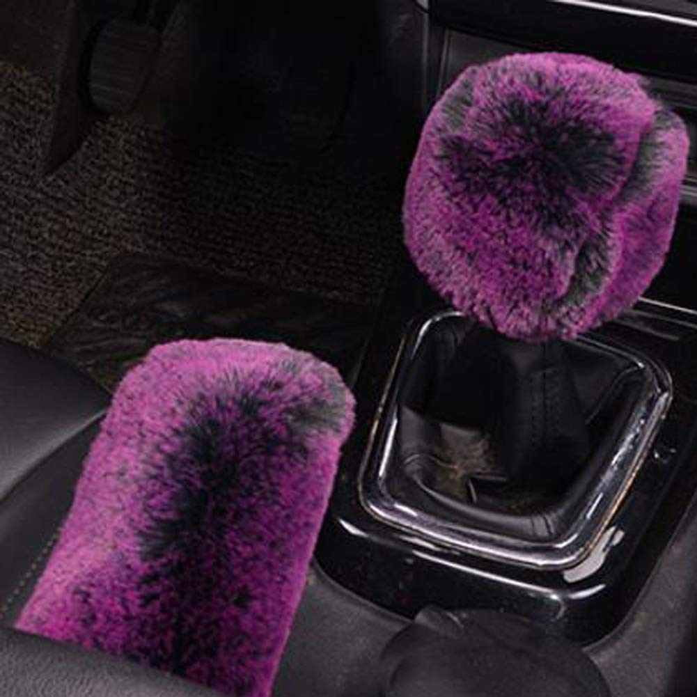 SHIAWASENA Warm Faux Wool Steering Wheel Cover Set - 3 Pcs (Purple & Black) with Handbrake Cover & Gear Shift Cover | Winter Car Accessories for Cold Weather Driving Comfort
