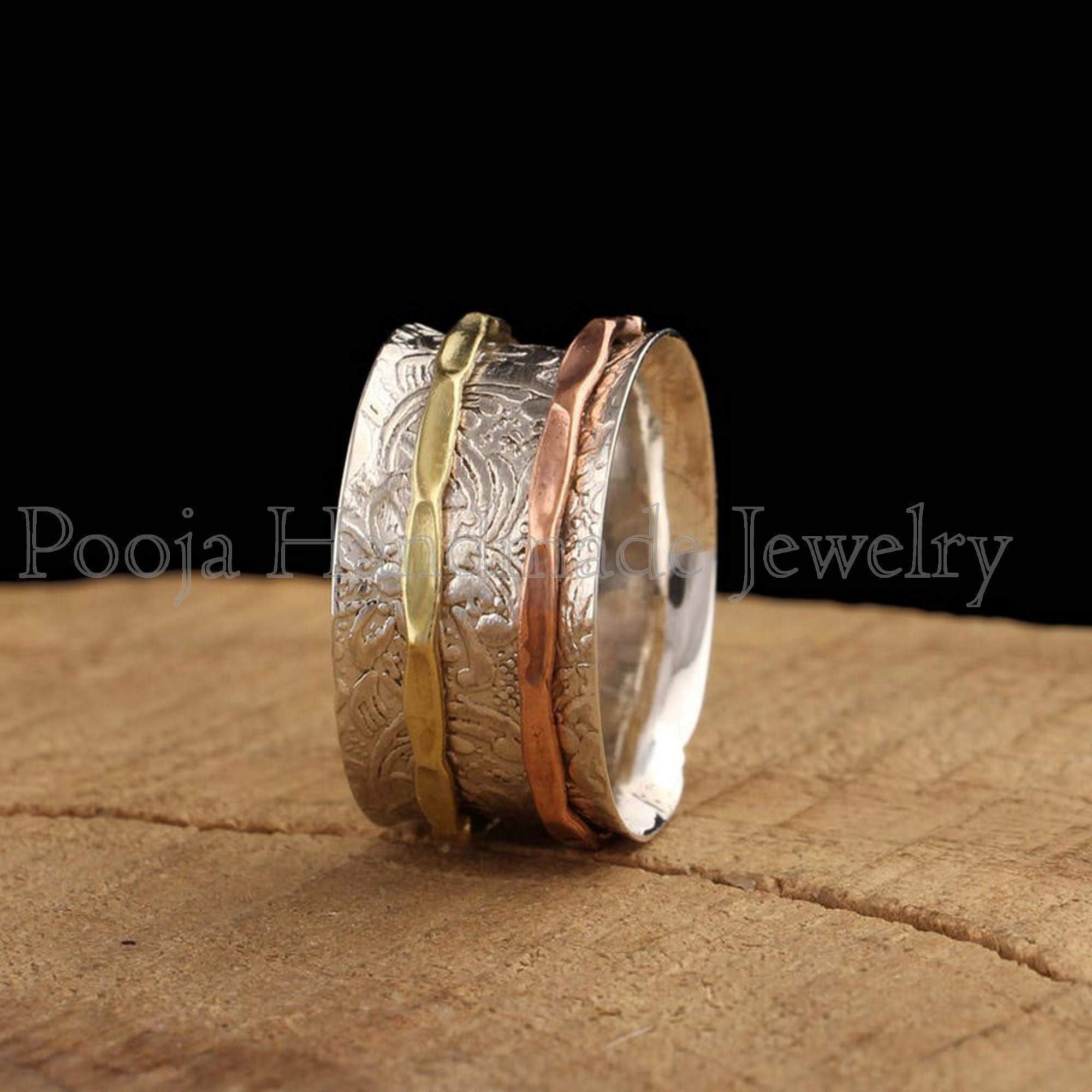925 Silver Spinner Ring for Anxiety Relief - Handmade Boho Meditation Ring in Two Tone - Wide Band Promise & Family Ring for Women | Perfect for Stress Relief, Yoga, and Mindful Living