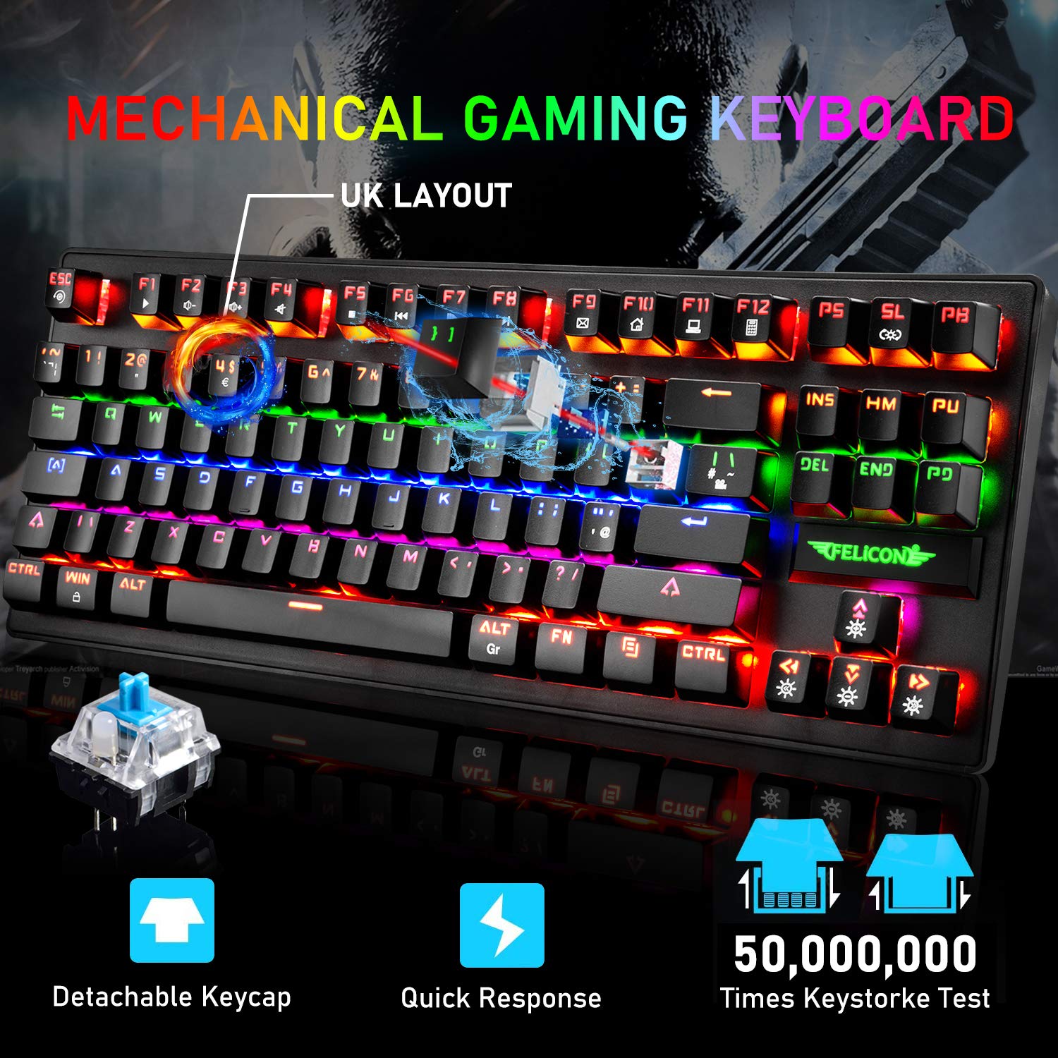 K2 UK Layout Gaming Keyboard and Mouse Set - 80% TKL Wired Mechanical Keyboard with 88 Keys, Clicky Optical Blue Switches, Rainbow Backlit, Lightweight PS4 Gaming Mouse & Mouse Pad for PC/MAC (Black) - Perfect for Esports, Streaming & Office Work