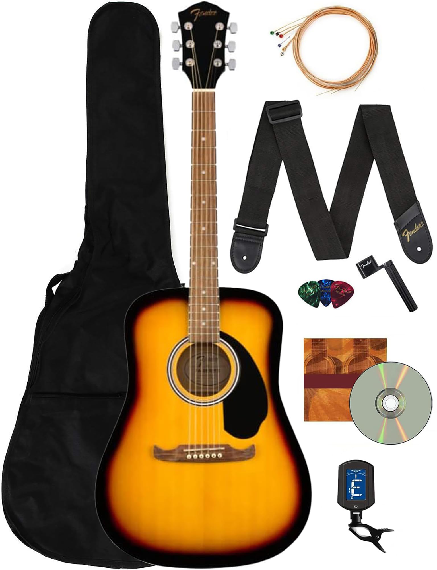 Fender Dreadnought Acoustic Guitar Sunburst Bundle with Gig Bag, Tuner, Strap, Strings, Picks & Online Lessons - Perfect for Beginners, Campfire Jams & Home Recording Studios
