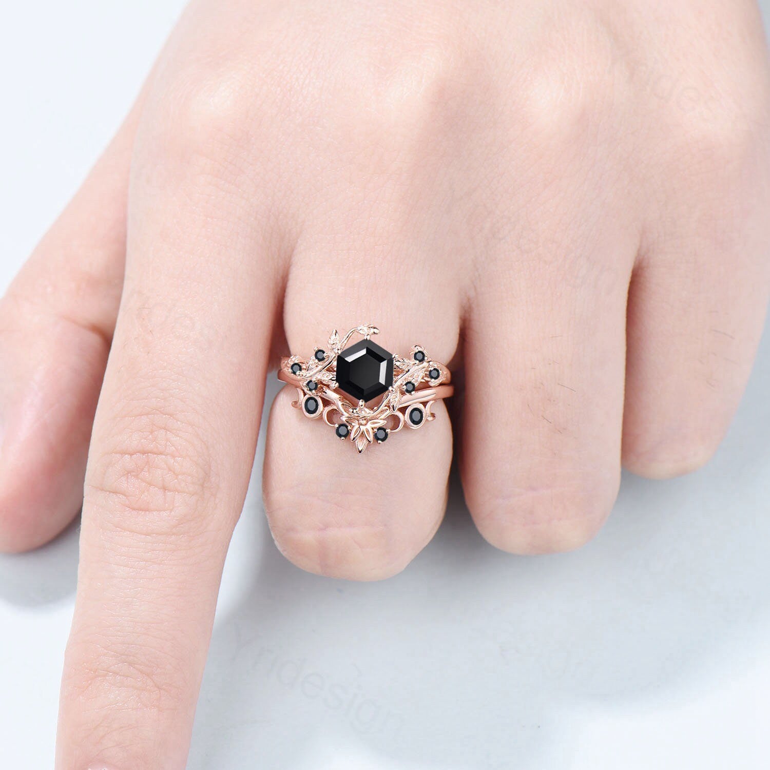 Black Onyx Hexagon Cut Seven Stone Engagement Ring Set - Rose Gold Spinel Wedding Band, Nature Inspired Floral Bridal Jewelry for Women | Perfect for Proposals, Anniversaries & Romantic Occasions