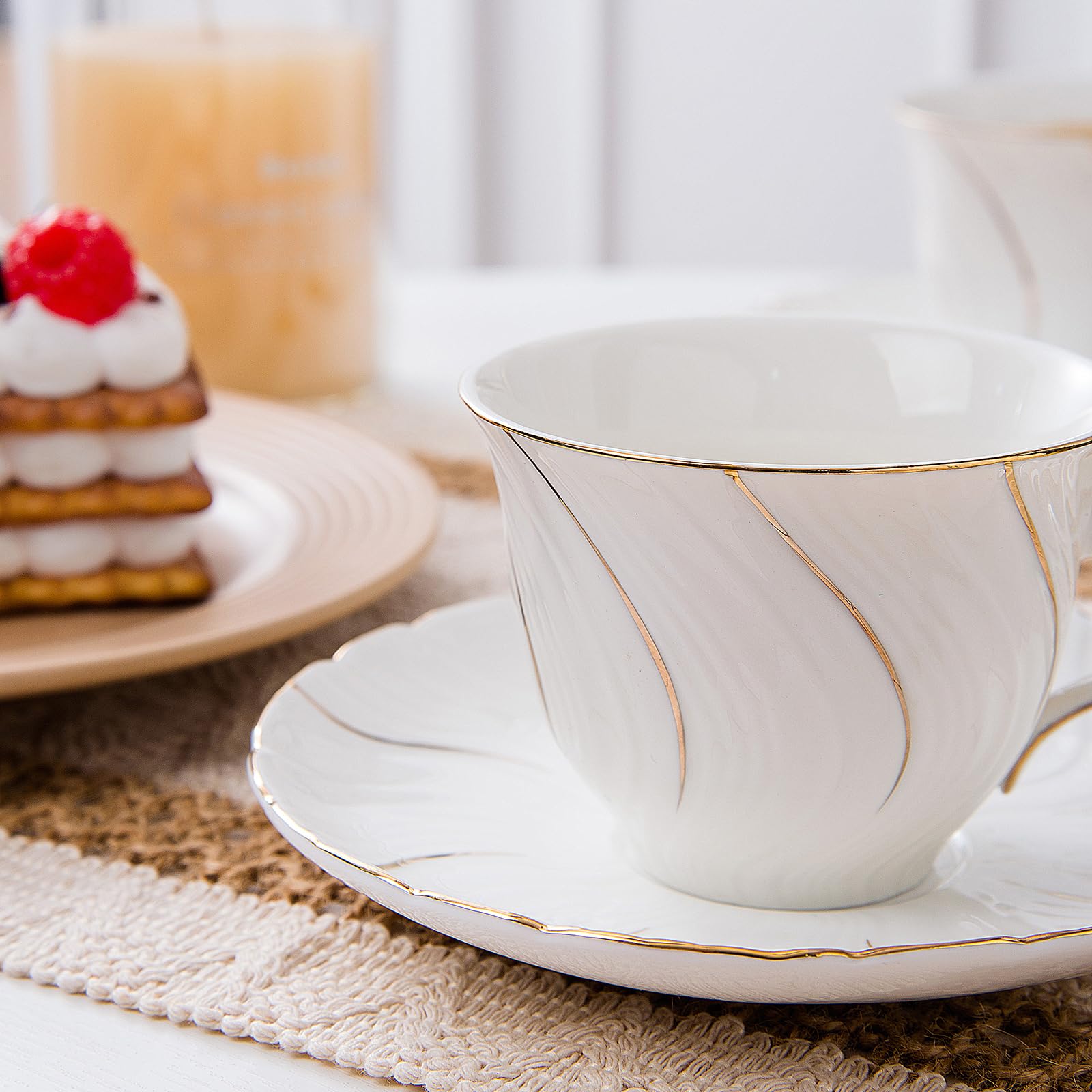 6-Piece Porcelain Tea Cup and Saucer Set - 6oz Elegant White with Gold Trim for Tea, Coffee, Latte, Mocha - Perfect for Afternoon Tea Parties, Bridal Showers, and Cafe Dining