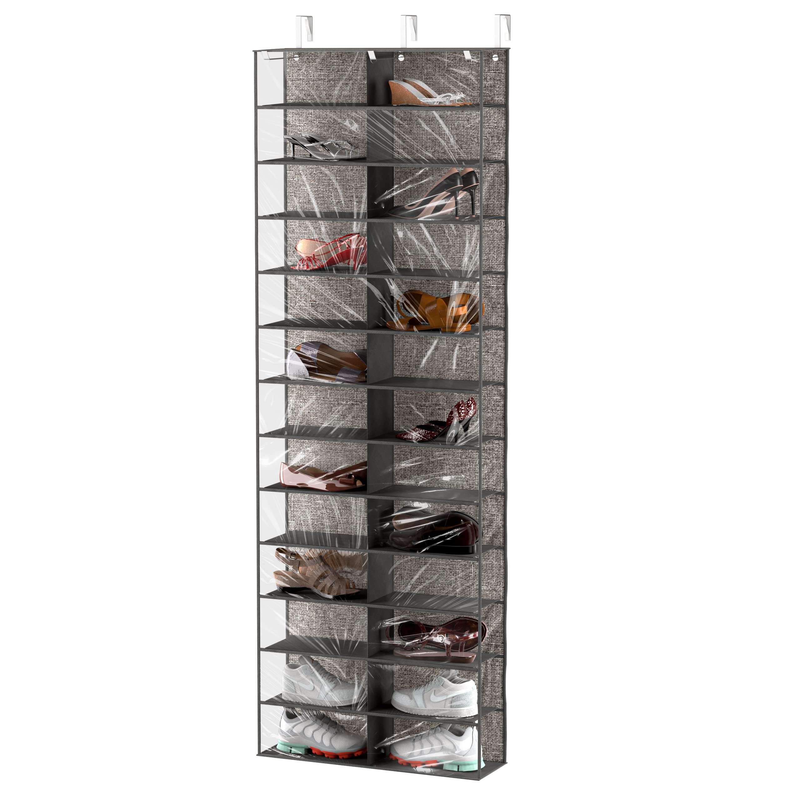 26-Pocket Clear Over The Door Shoe Organizer with Large Pockets - Space Saving Hanging Shoe Storage for Closet, Dorm, Bedroom & RV - Perfect for Organizing Shoes, Accessories & Small Items (Grey)