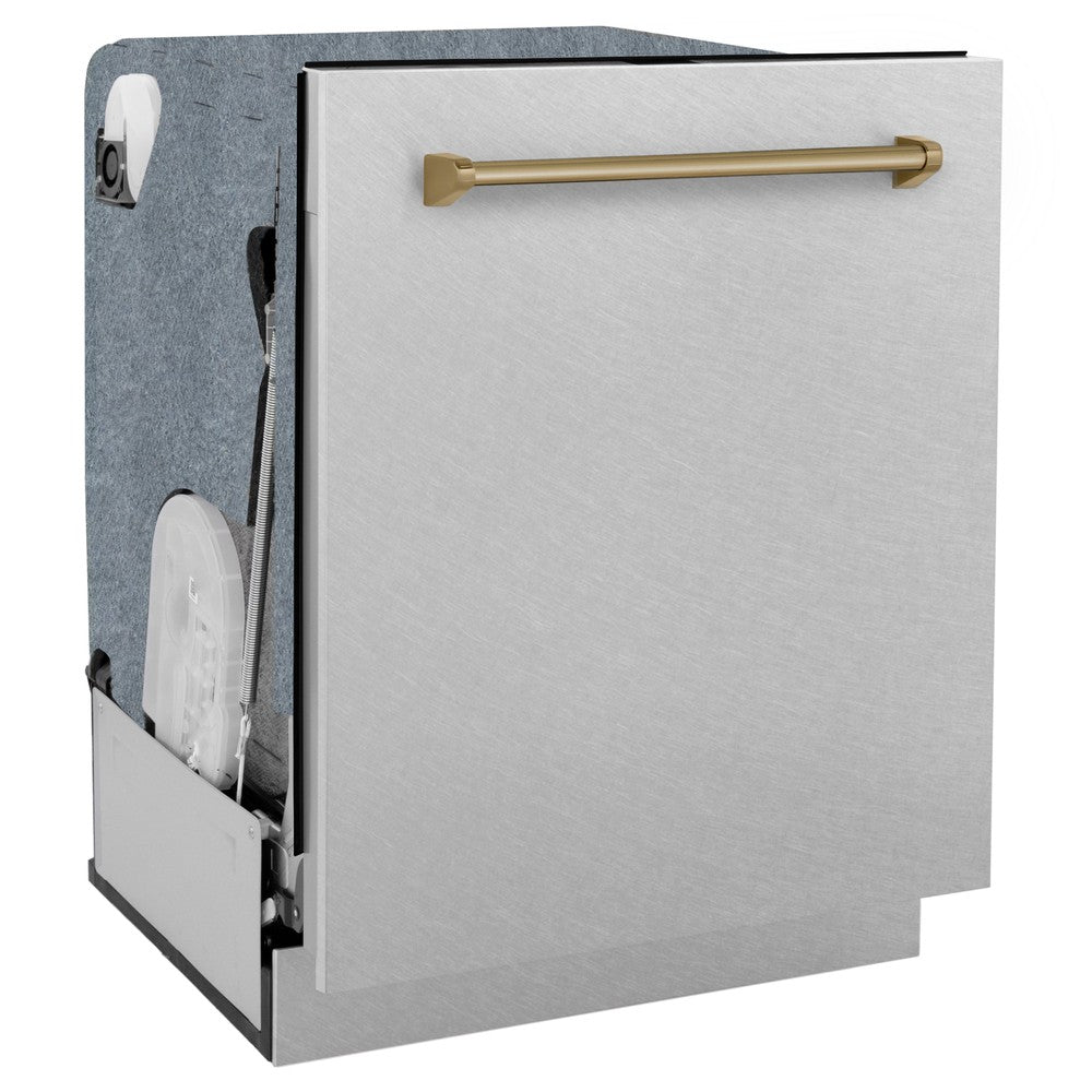 ZLINE Autograph Edition 24-inch Monument Series Dishwasher with 3rd Rack, Top Touch Controls, Tall Tub - Satin Stainless Steel Panel & Champagne Bronze Handle, Ultra Quiet 45dBa (DWMTZ SN 24 CB) - Perfect for Modern Kitchens, Open Concept Homes, and Luxury Condos