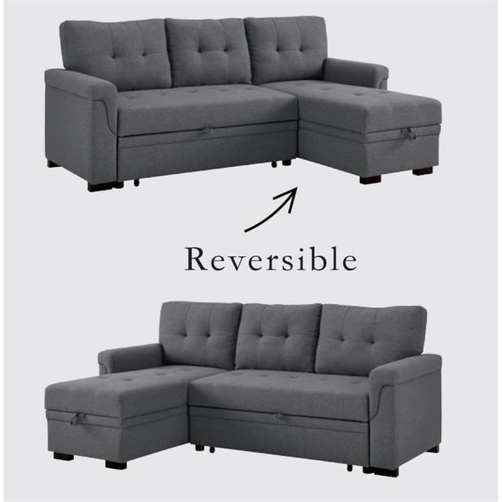 BOWERY HILL Reversible Sectional Sleeper Sofa Bed with Storage - Steel Gray Linen Fabric - Space Saving Furniture for Small Apartments, Living Rooms & Guest Rooms