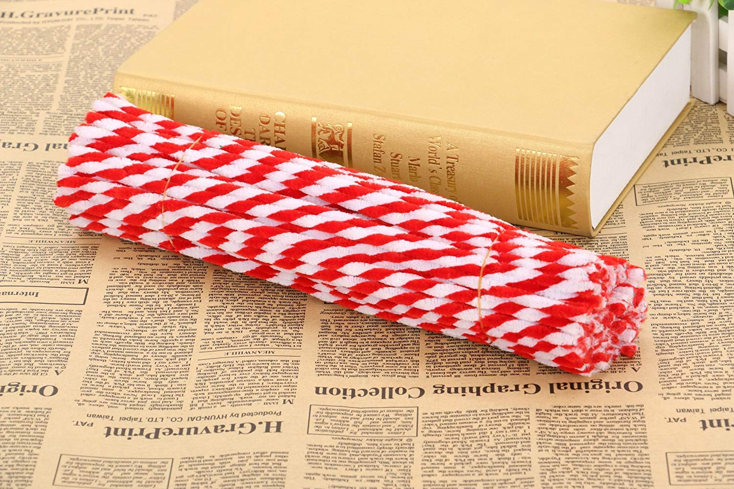 Carykon 100-Pack Red Striped Chenille Pipe Cleaners for DIY Crafts, Floral Arrangements, and STEM Projects | Soft, Bendable, and Colorful Art Supplies for Kids and Adults