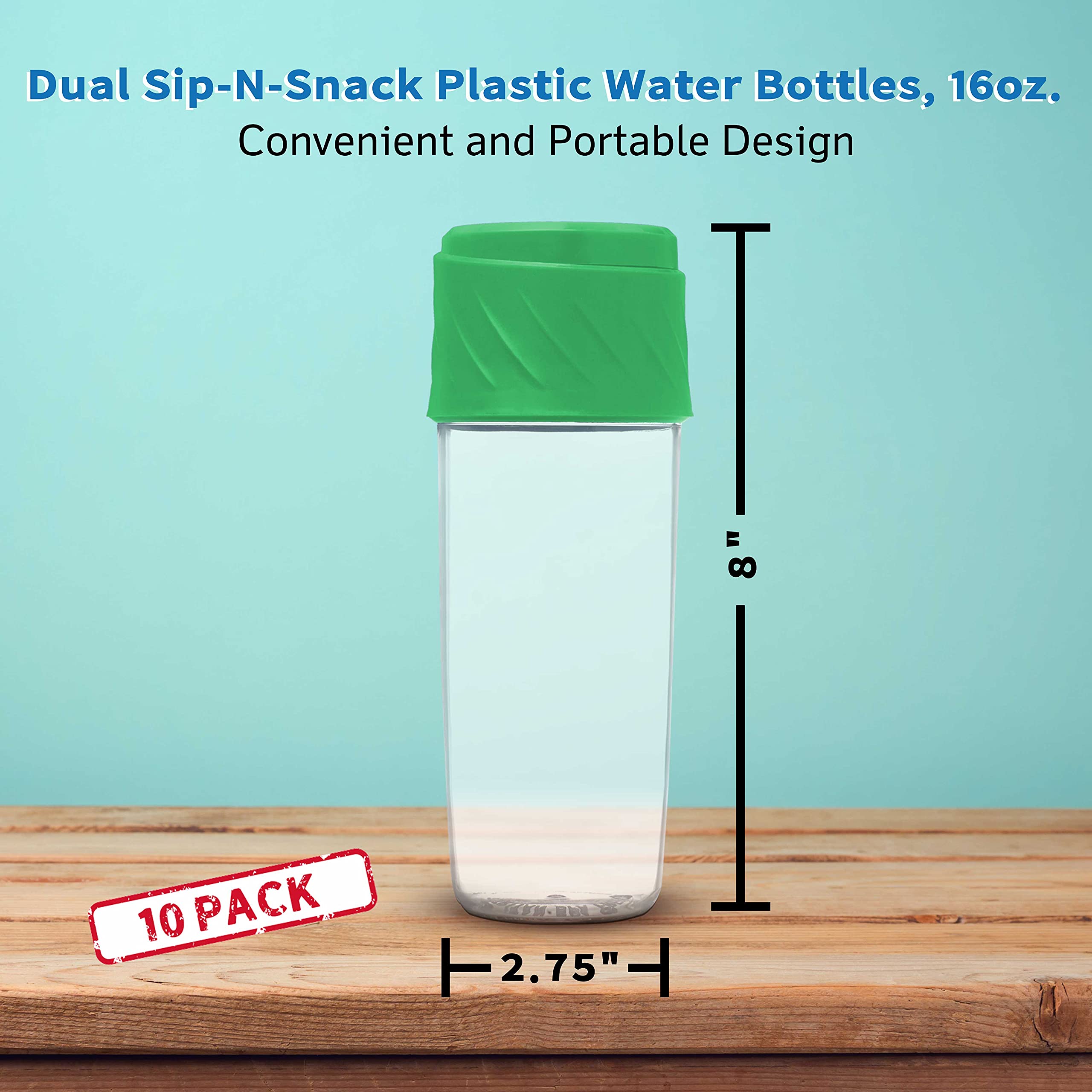 10 Pack Dual Sip-N-Snack BPA Free Plastic Water Bottles with Screw On Lid - 16 oz Reusable Sports Bottles for Kids, Gym, Hiking & Outdoor Activities - Green
