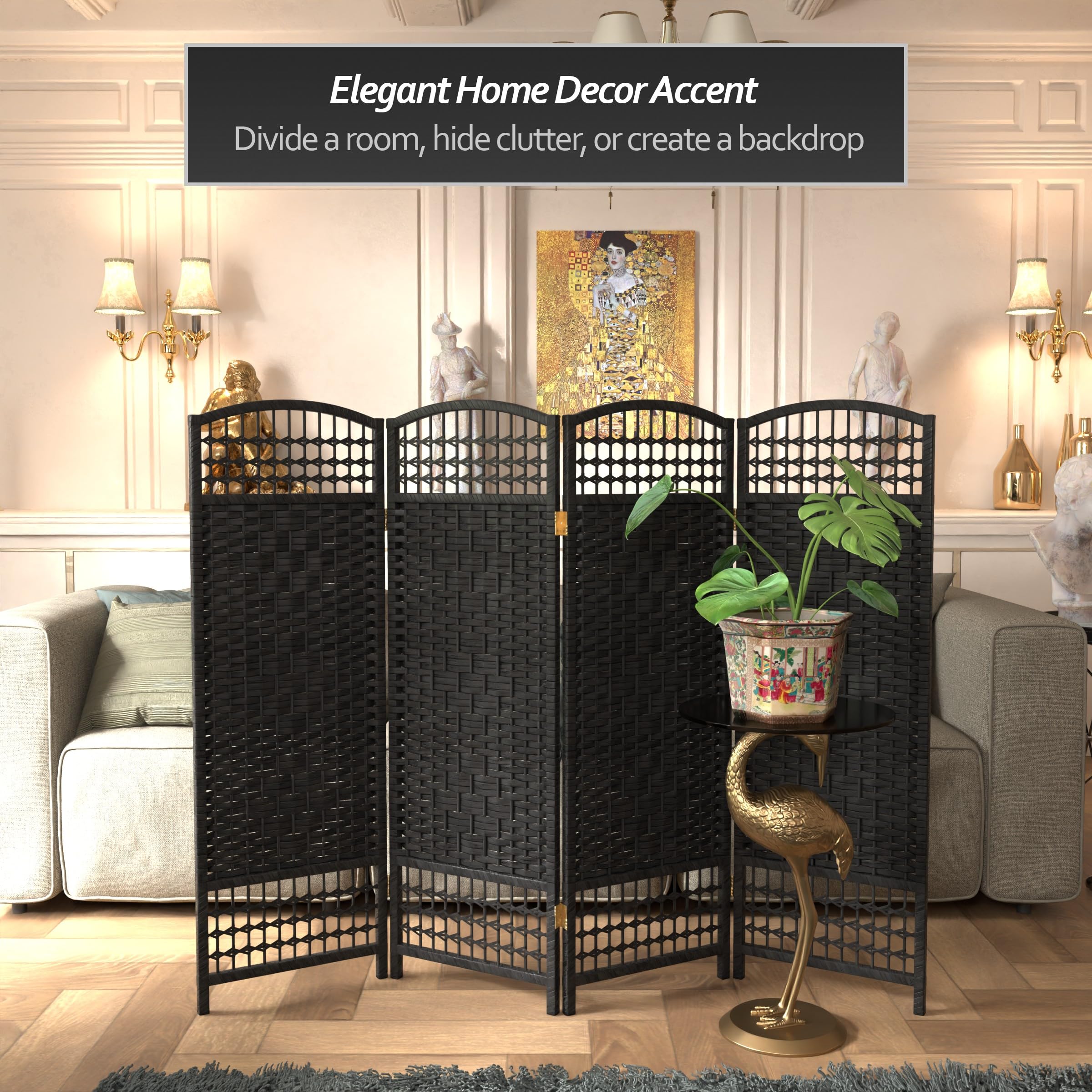 4 ft. Black Short Fiber Weave Folding Room Divider Screen - 4 Panel Privacy Partition for Home, Office & Events - Perfect for Space Separation & Decoration