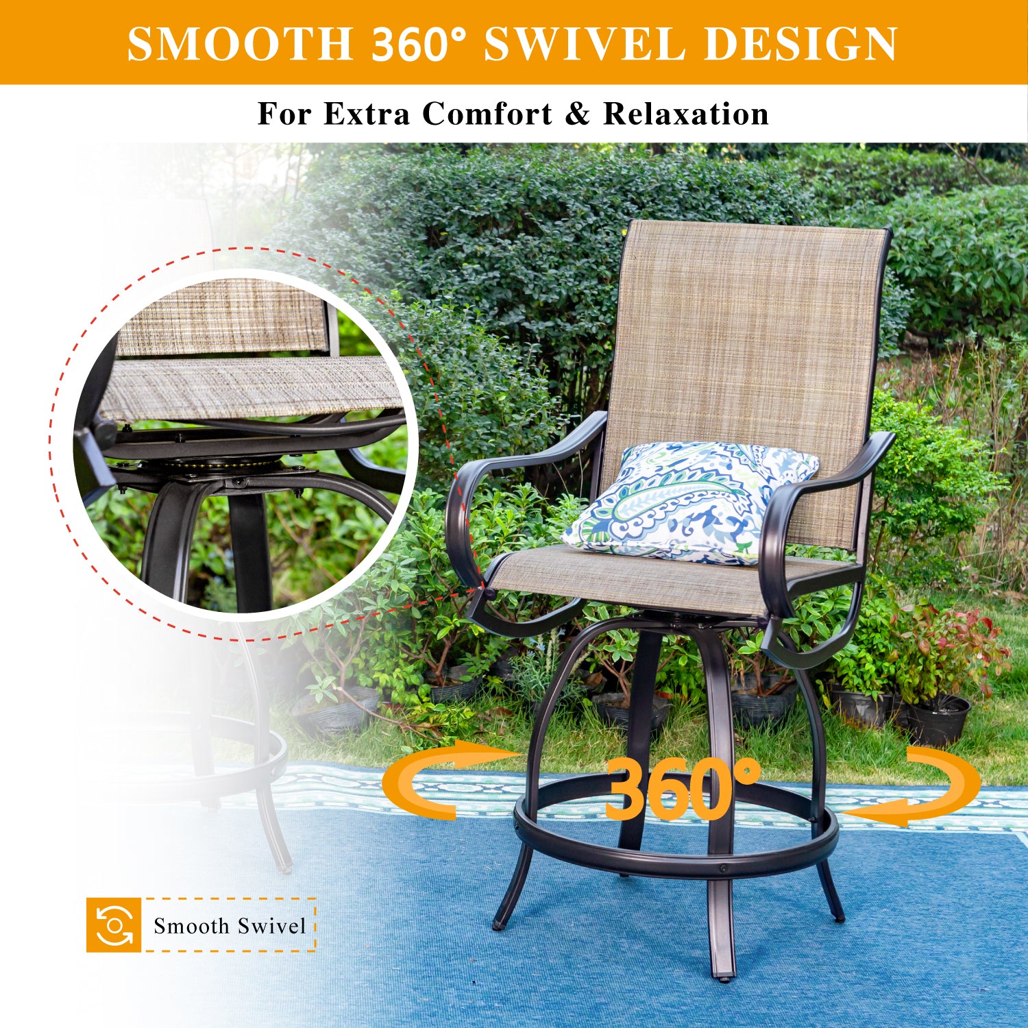 Sophia & William 2-Piece Outdoor Swivel Bar Stool Set with Textilene Seats & Reinforced Metal Base - Includes Square High Bar Table - Perfect for Patio, Deck, Poolside & Backyard Entertaining