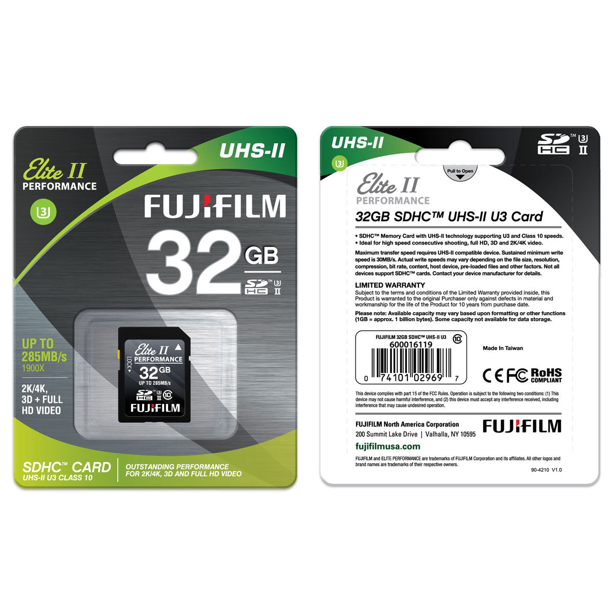 Fujifilm 32GB Elite II Performance UHS-II SDXC Memory Card - High Speed for DSLR Cameras, 4K Video & Professional Photography