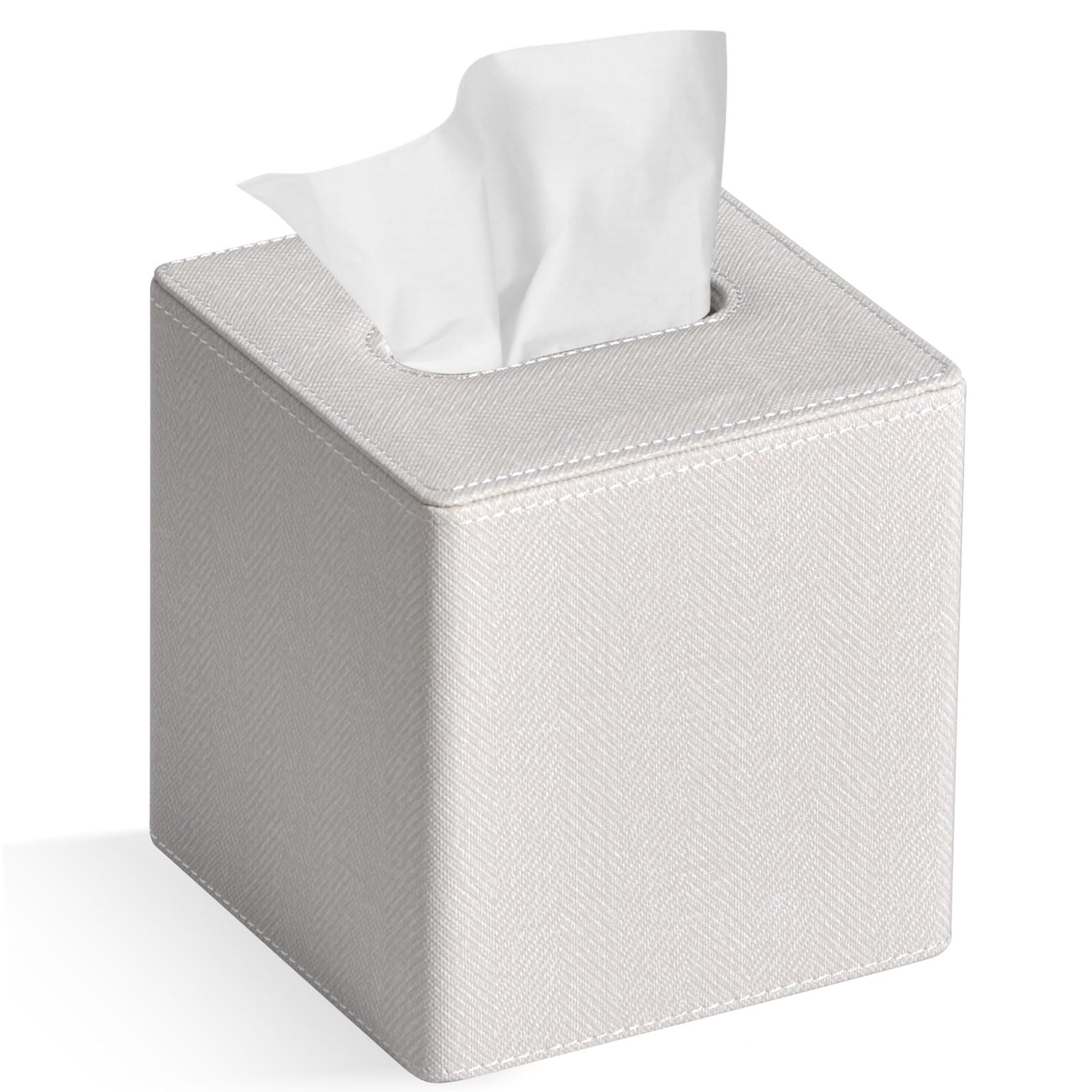 Square PU Leather Tissue Box Cover - Linen Beige Facial Tissue Holder for Dresser, Bathroom & Home Decor | Perfect for Bedroom Nightstand, Office Desk & Living Room