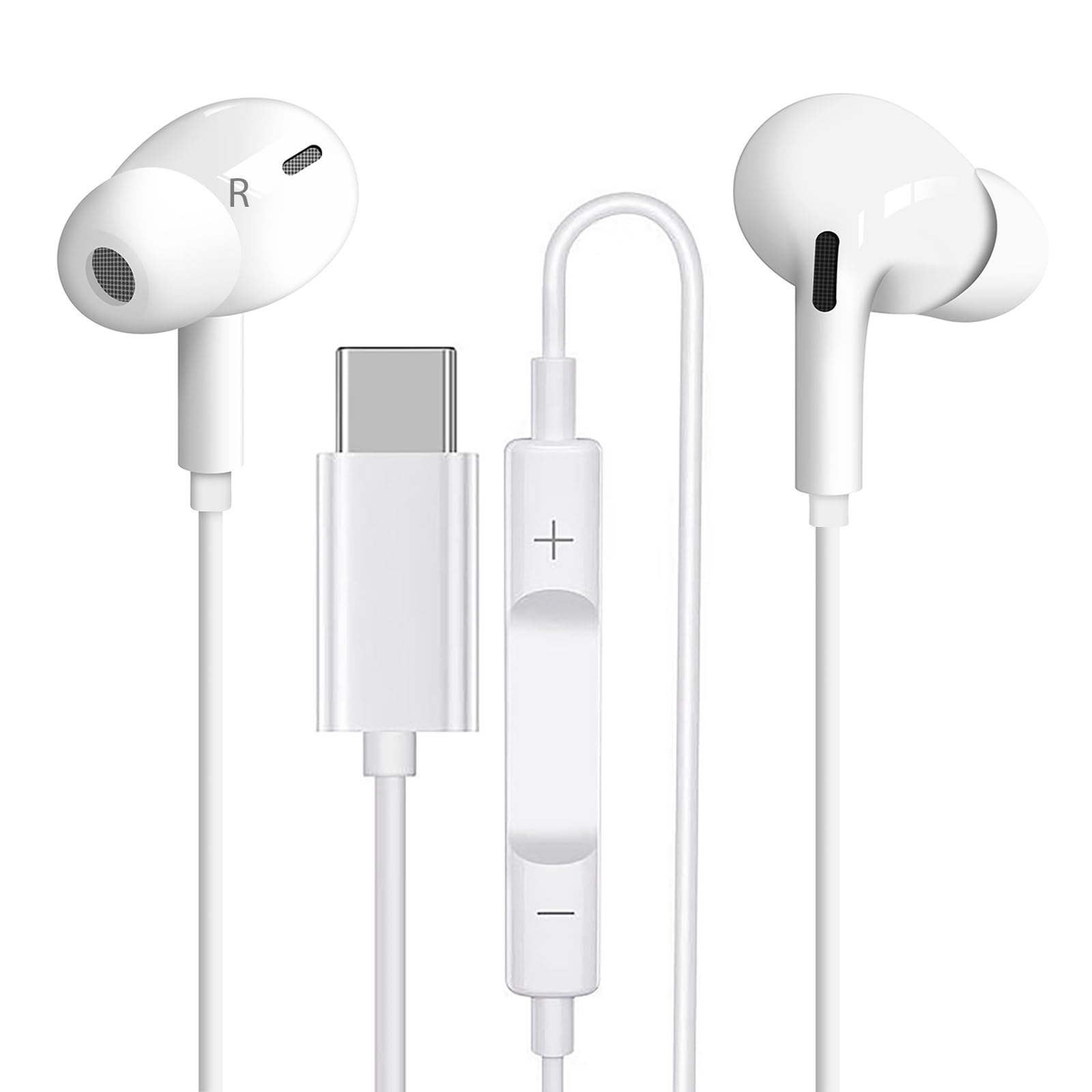 Wired Earbuds with Clear Bass & Noise Cancelling - In-Ear Headphones with Volume Control & Microphone for Gaming - Type-C Connector (Pure White) - Perfect for Workouts, Commuting & Mobile Gaming