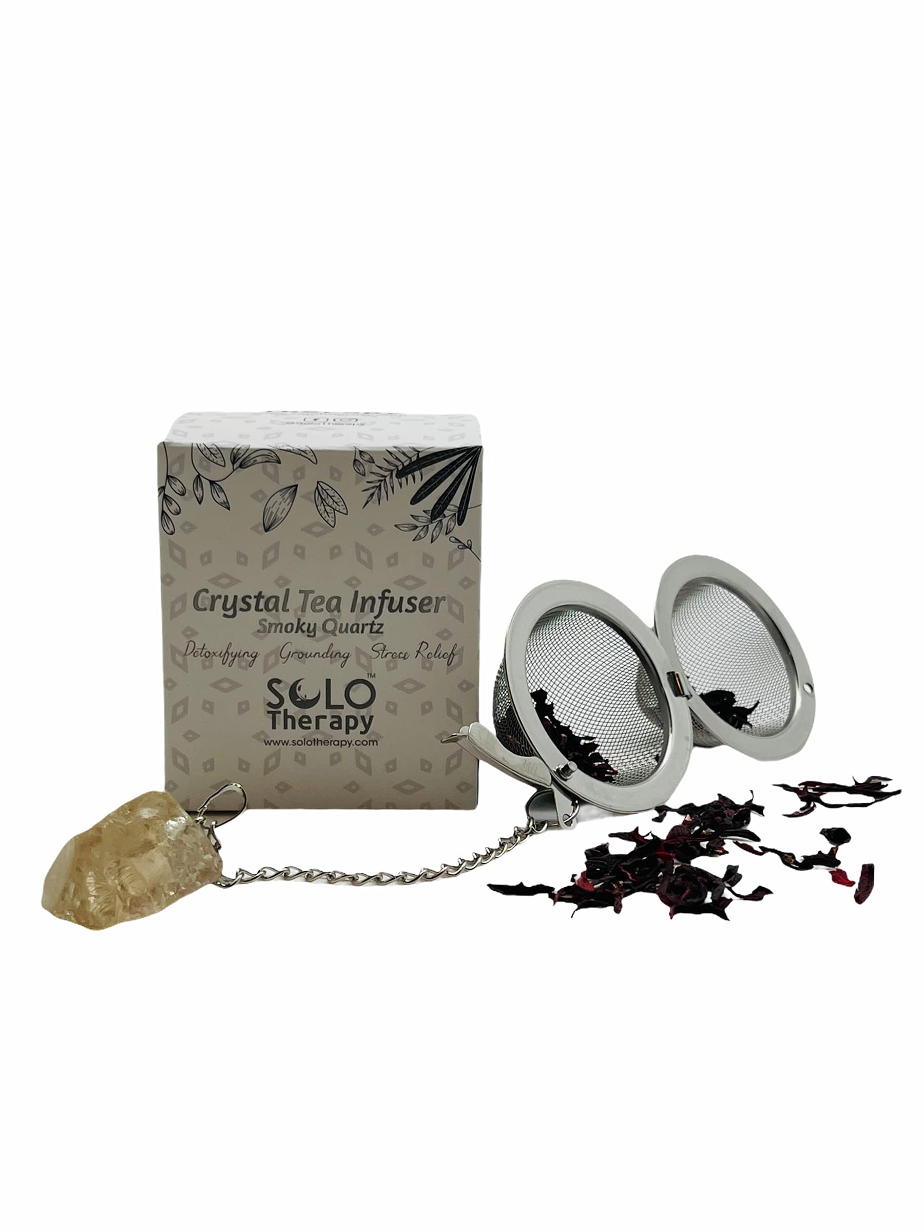 Premium Smoky Quartz Crystal Tea Infuser - Stainless Steel Mesh Tea Strainer with Extended Chain Hook for Brewing Fine Loose Tea - Perfect for Home, Office & Tea Ceremony Use