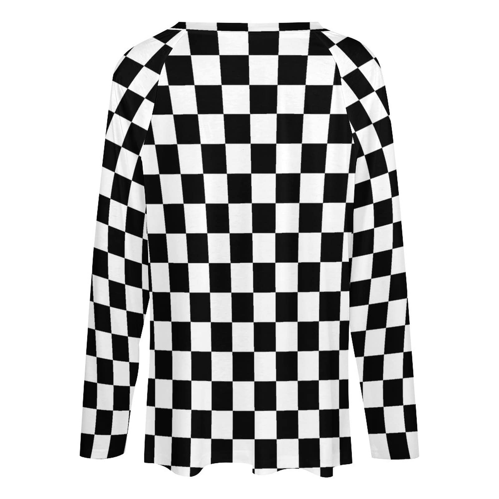 SEPTYK Black & White Checkered Flag Pattern Women's Long Sleeve V-Neck T-Shirt - Casual Loose Graphic Pullover Tee for Racing Fans, Streetwear & Everyday Fashion
