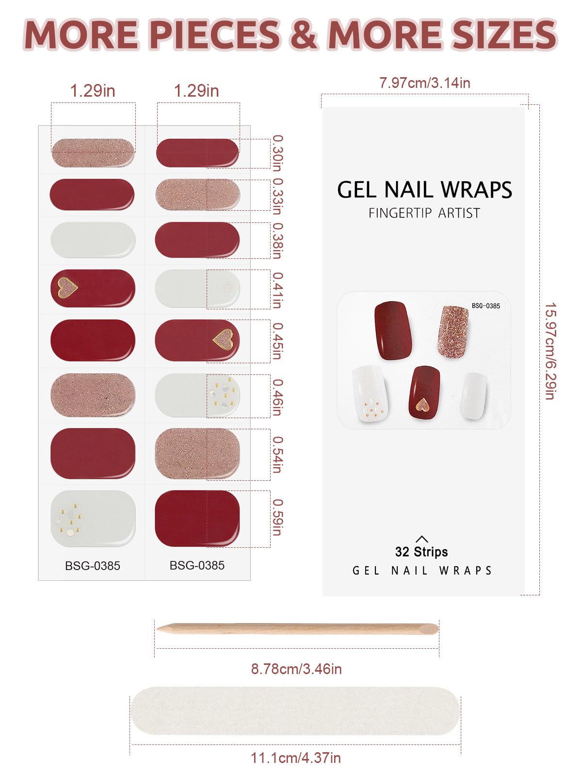 32Pcs Valentine Gel Nail Wraps - Heart Nail Art Stickers for Home Salon