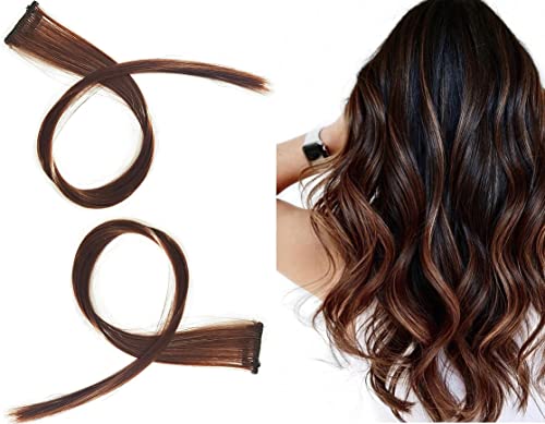 Premium Clip-In Hair Extensions for Women - Straight 100% Human Hair Streaks (Sweet Brown) - 2-Piece Set for Weddings, Parties & Everyday Styling