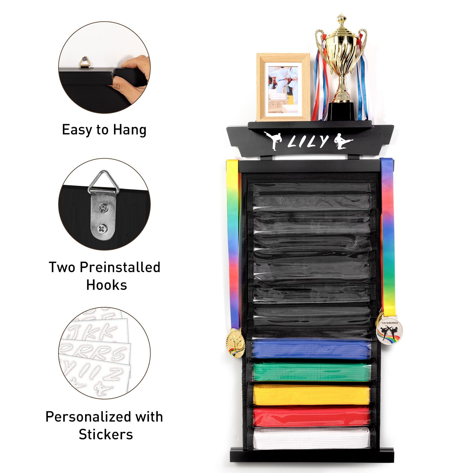 Tilhumt 12 Belts Karate Belt Display Rack with Stickers - Taekwondo Belt Organizer with Trophy & Photo Holder - Felt Dustproof Martial Arts Belt Stand for Kids & Adults - Perfect for Dojo, Gym & Home Decor