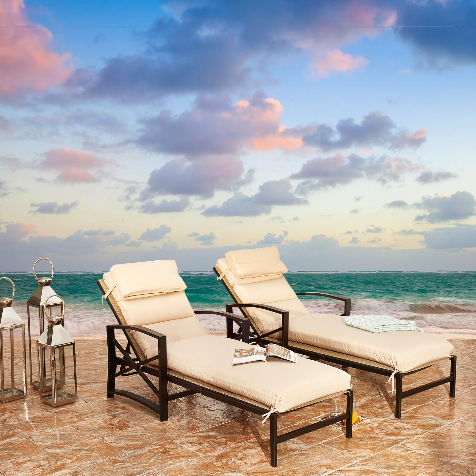 Premium 2-Piece Outdoor Chaise Lounge Set with Cushions - Patio Recliner Chairs with Metal Frame & Soft Headrests - Durable Khaki Fabric for Garden, Poolside & Backyard Relaxation