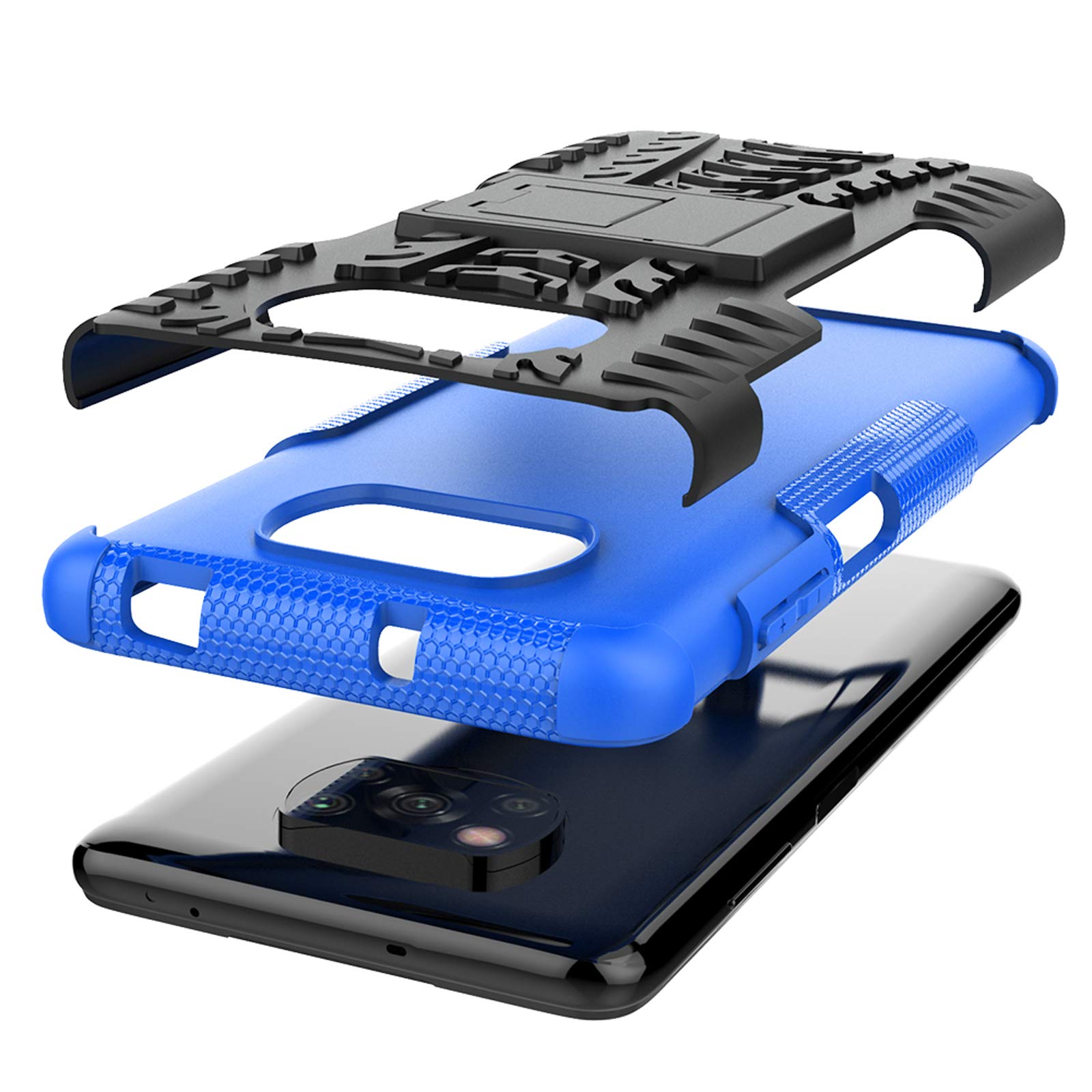 **Shockproof Rugged Phone Case for Xiaomi Poco X3/Poco X3 NFC with Tempered Glass Screen Protector & Kickstand – Durable Hybrid Protective Cover for Men (Black/Blue) – Perfect for Outdoor, Work & Travel**